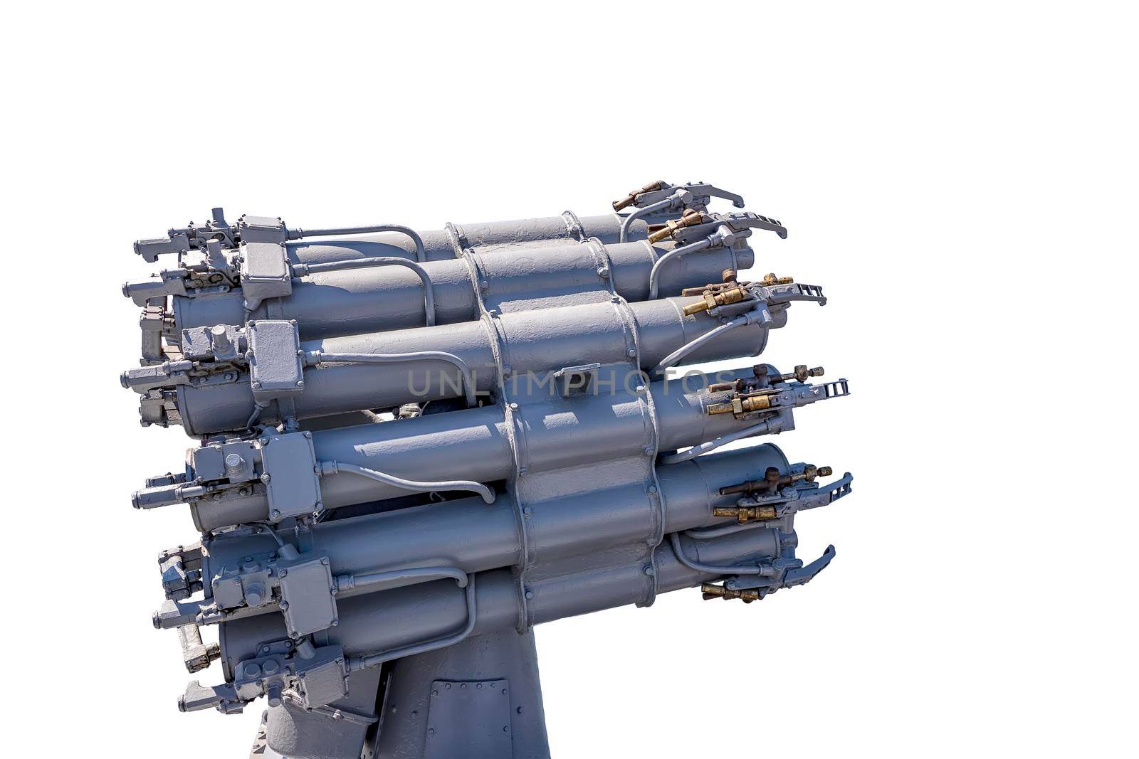 A dangerous weapon ship launcher. The battery of guns of gray. For the defense of military ships, Isolated on white background