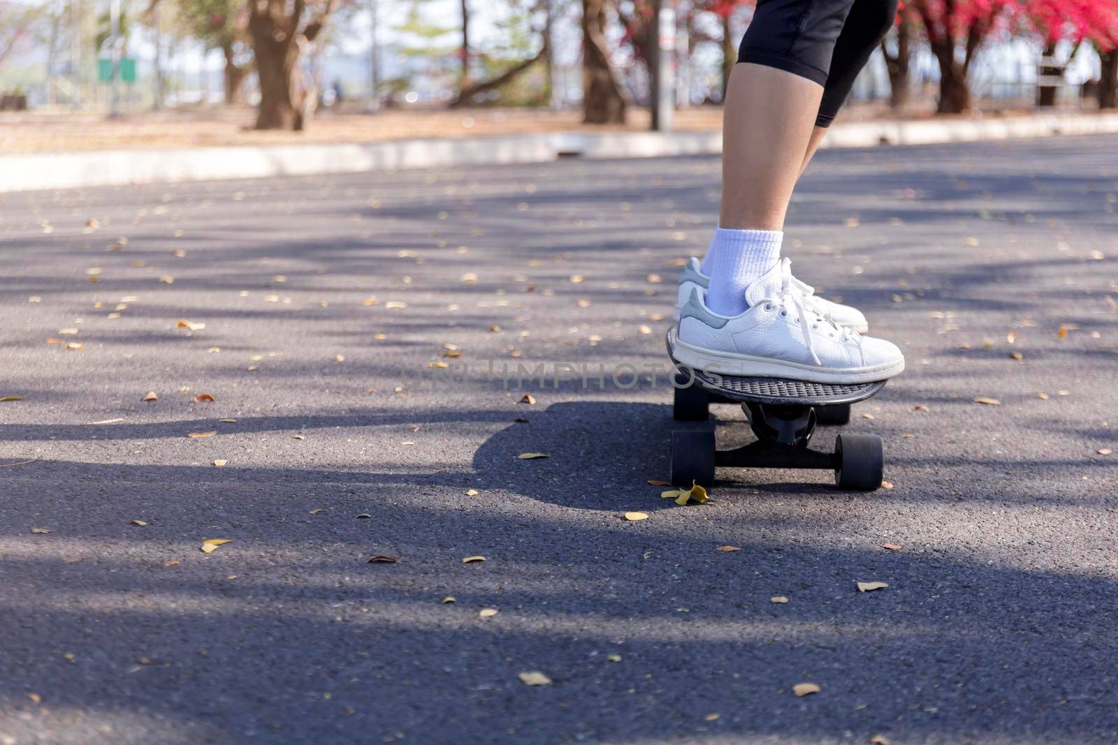 Close-up and motion movement Asian women surf skate or skateboard outdoors on beautiful morning. Happy young women play surf skate at park on morning time. Close up Asian women leg wear sneaker paly surf skate on public park. Sport concept