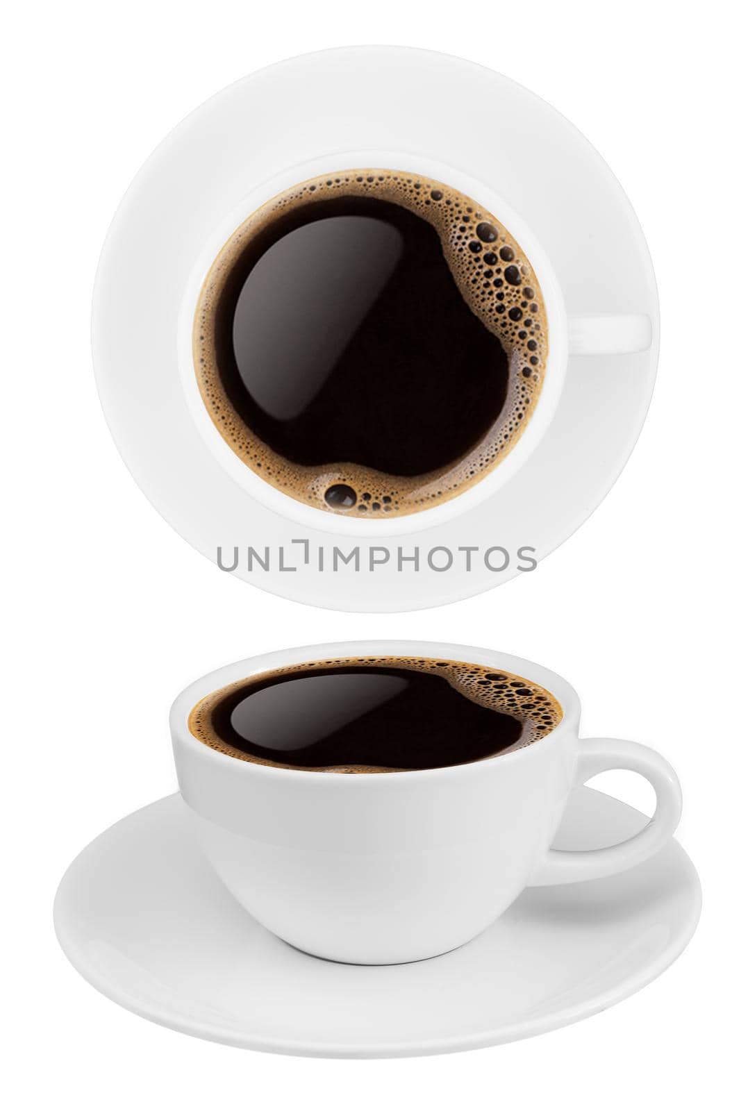 Top view and side view coffee cup collection, coffee cup assortment with shape sign collection isolated on white background. Save with clipping path