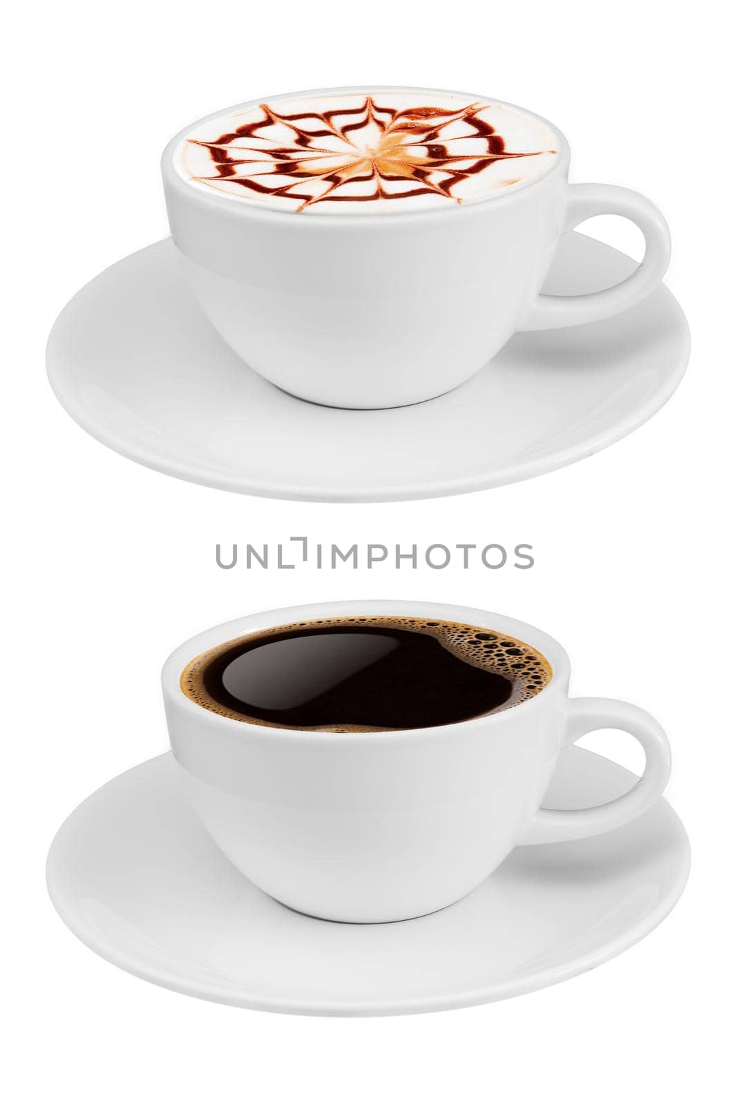Side view coffee cup collection, coffee cup assortment with shape sign collection isolated on white background. Save with clipping path