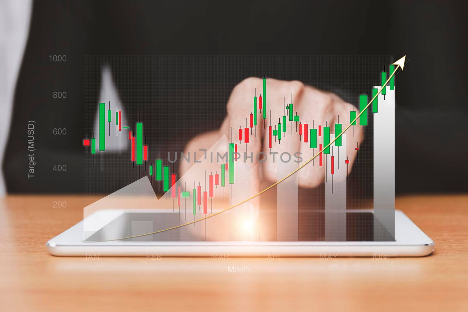stock market growth up. Businessman holds tablet and displays holographic graph showing statistics of profitable graphs. Ideas of growth planning and business strategies to see trends in good business