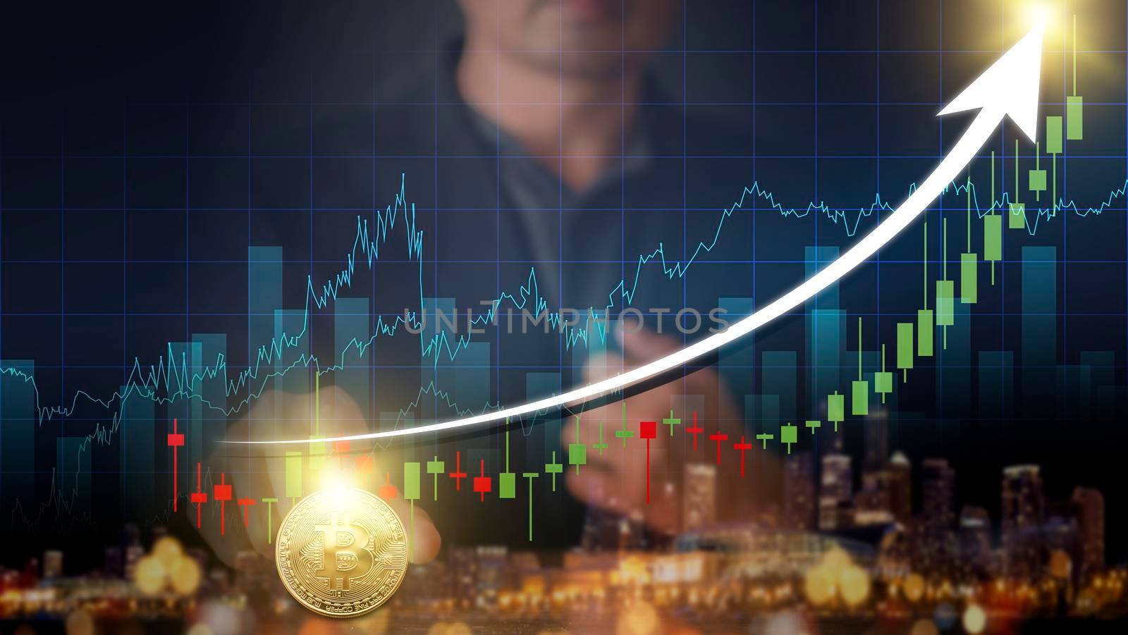 Hands of businessman with gold bitcoin coin. Volatile business graph on global network, Financial, Stock market, Cryptocurrency and investment. Stock market graph up. New Virtual money concept