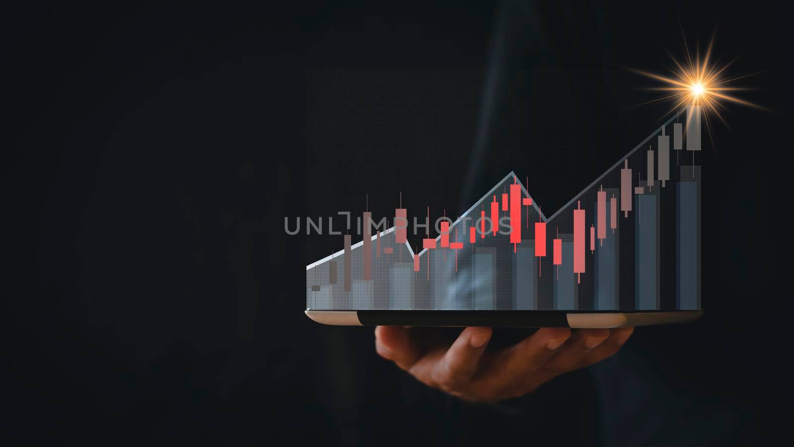 stock market growth up. Businessman holds tablet and displays holographic graph showing statistics of profitable graphs. Ideas of growth planning and business strategies to see trends in good business
