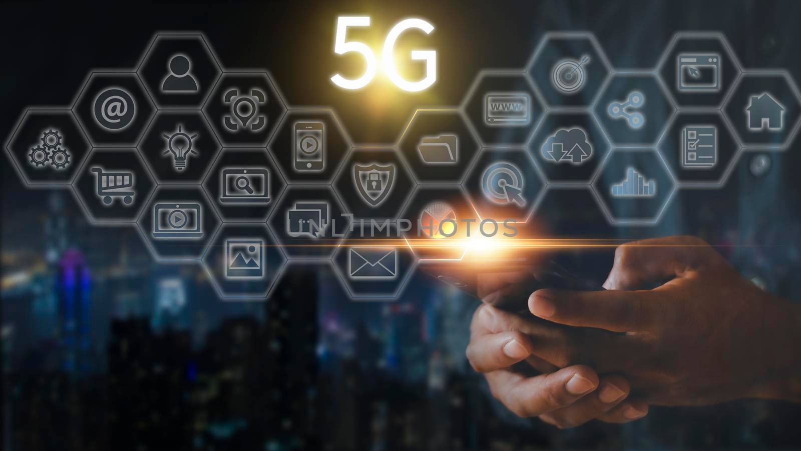 Hand of business man hold mobilephone connect network 5G with icon concept, technology network wireless systems and internet of things, new technologies coming up in the future. Network connection 5G