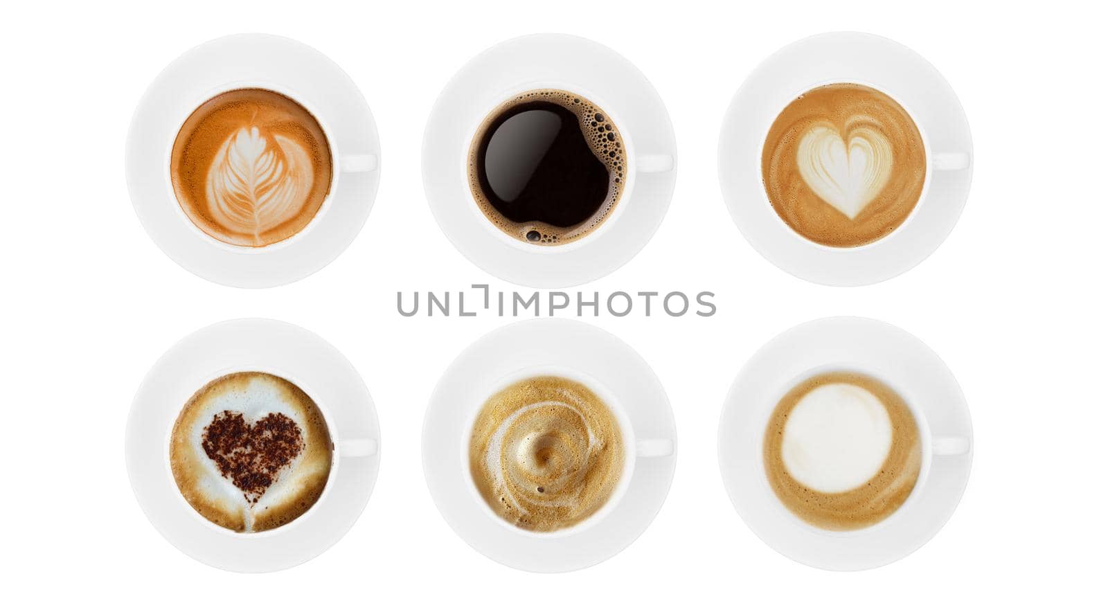 Top view coffee cup collection, coffee cup assortment with shape sign collection isolated on white background. Save with clipping path