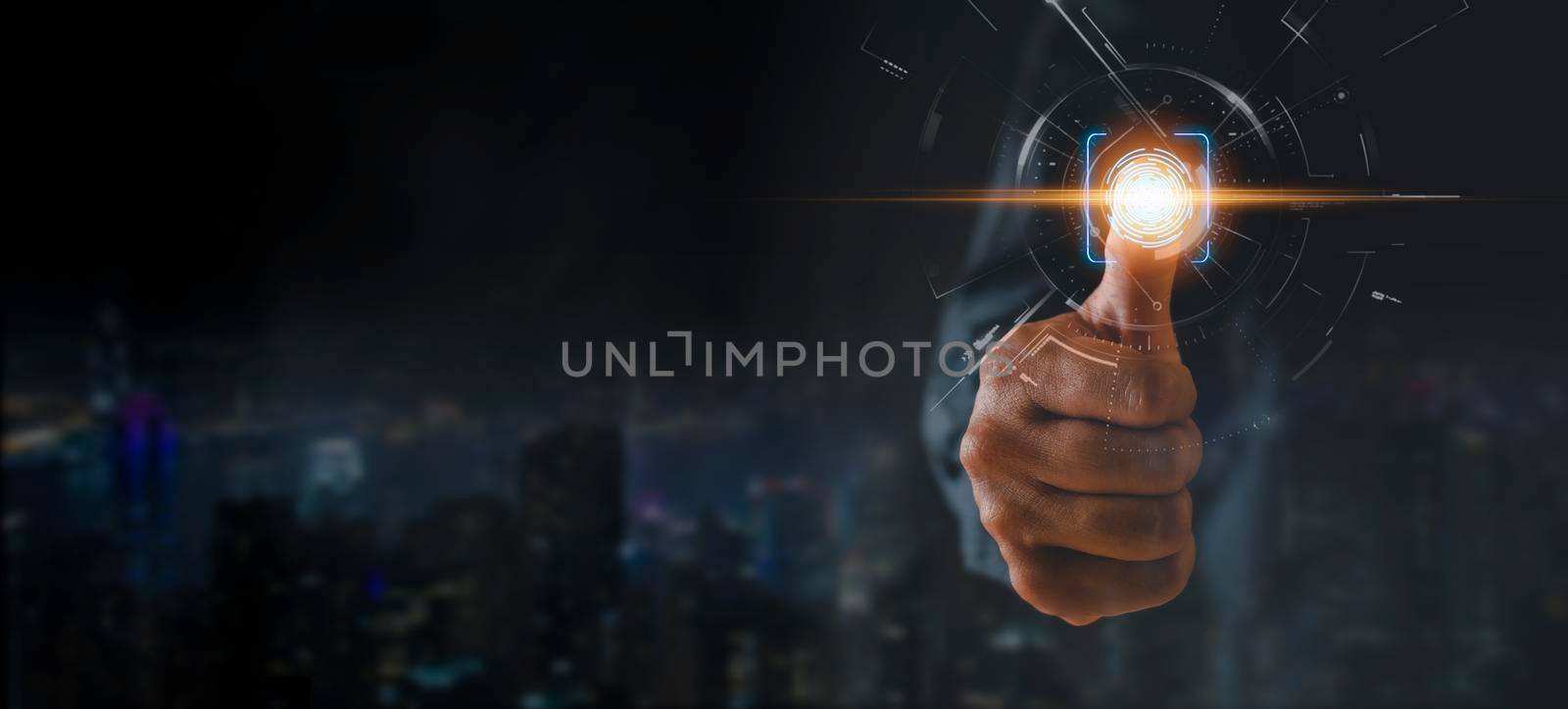 Businessman hand using fingerprint identification to access personal financial data, Fingerprint scan provides security access with biometrics identification. Business technology concept