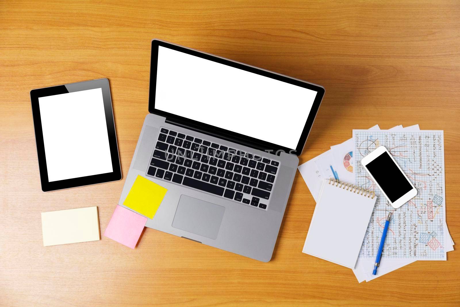 Laptop or notebook, mobilephone or smartphone, tablet with blank white screen on wood table white background save with clipping path. Laptop with empty screen for text or design.