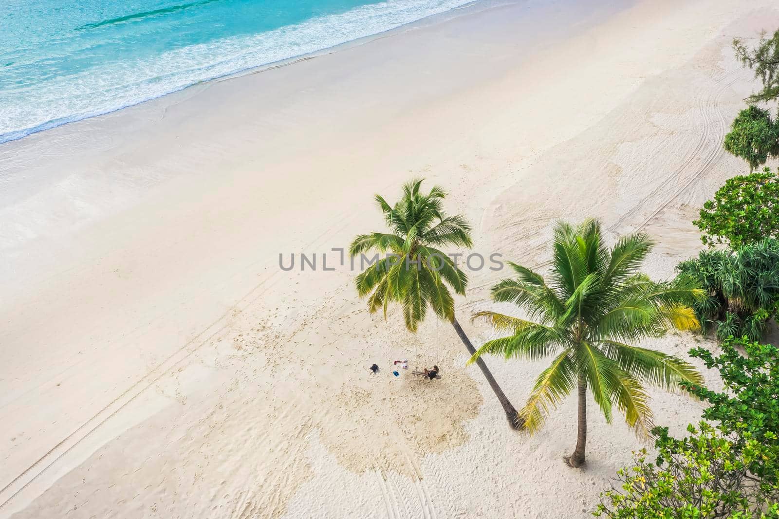 Aerial view top view Beautiful topical beach with white sand coconut palm trees and sea. Top view empty and clean beach. Waves crashing empty beach from above. With copy space.