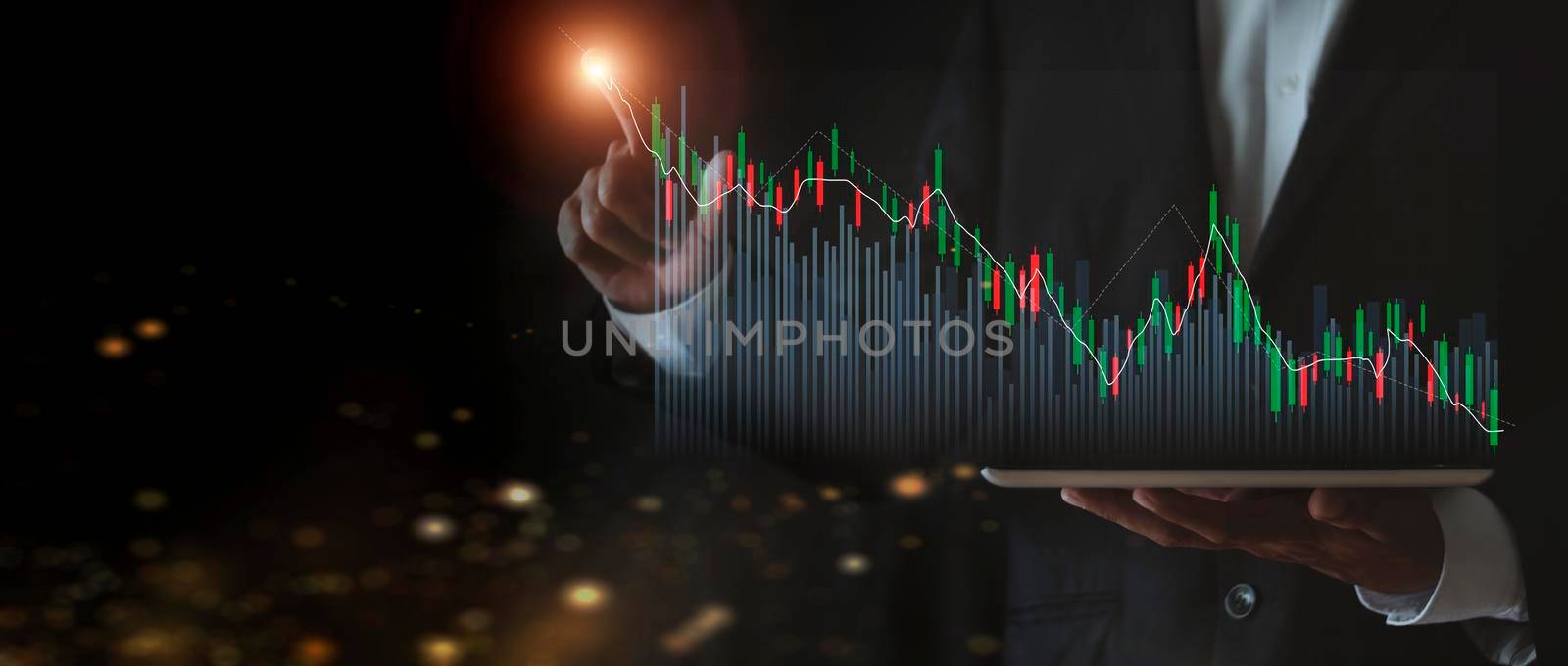 stock market growth up. Businessman holds tablet and displays holographic graph showing statistics of profitable graphs. Ideas of growth planning and business strategies to see trends in good business