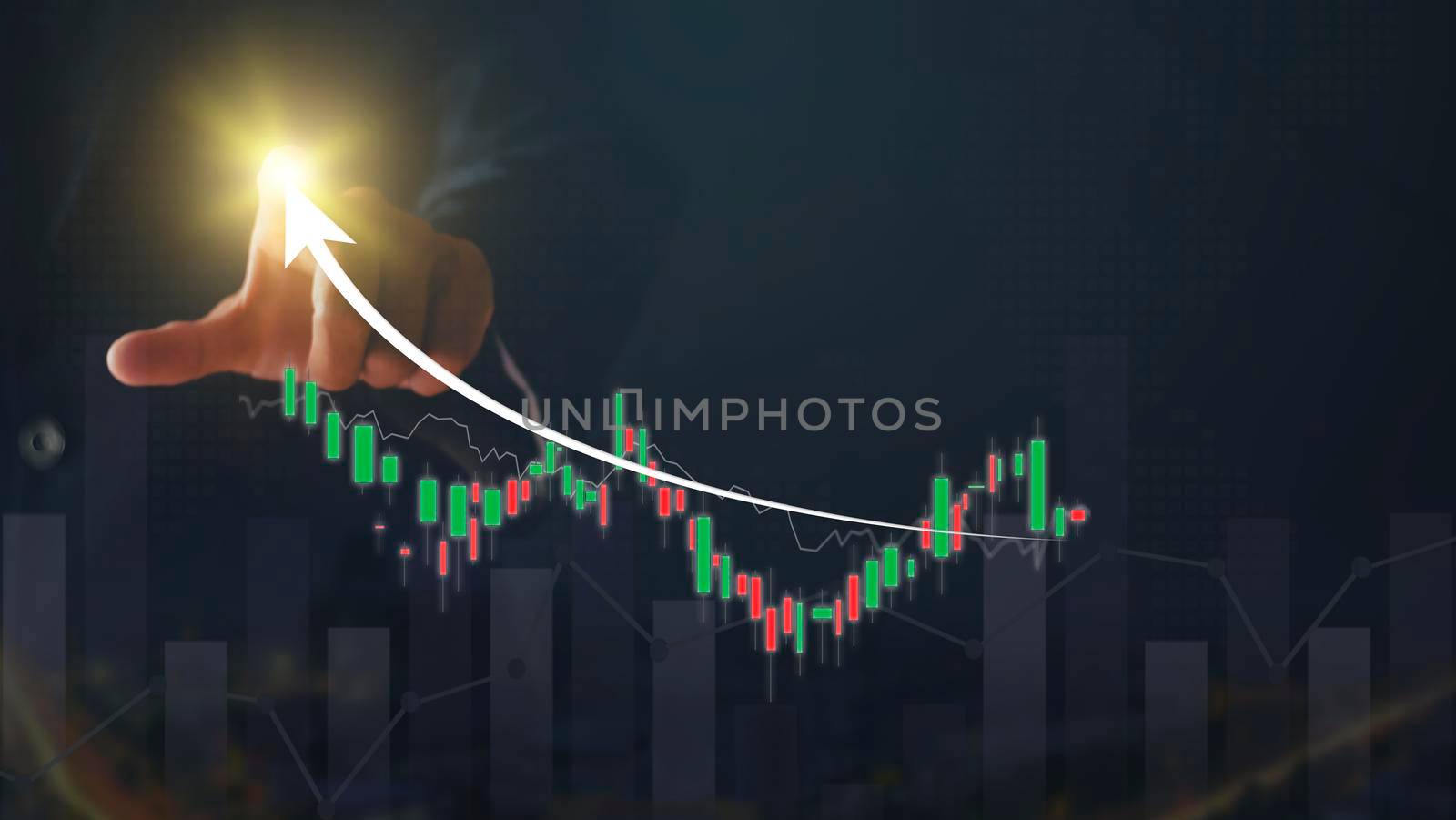 Businessman point analyze graph for trade stock market on the screen. Businessman hand pointing chart graph stock of growth. Hand man stock graph chart point of target success. by Satrinekarn