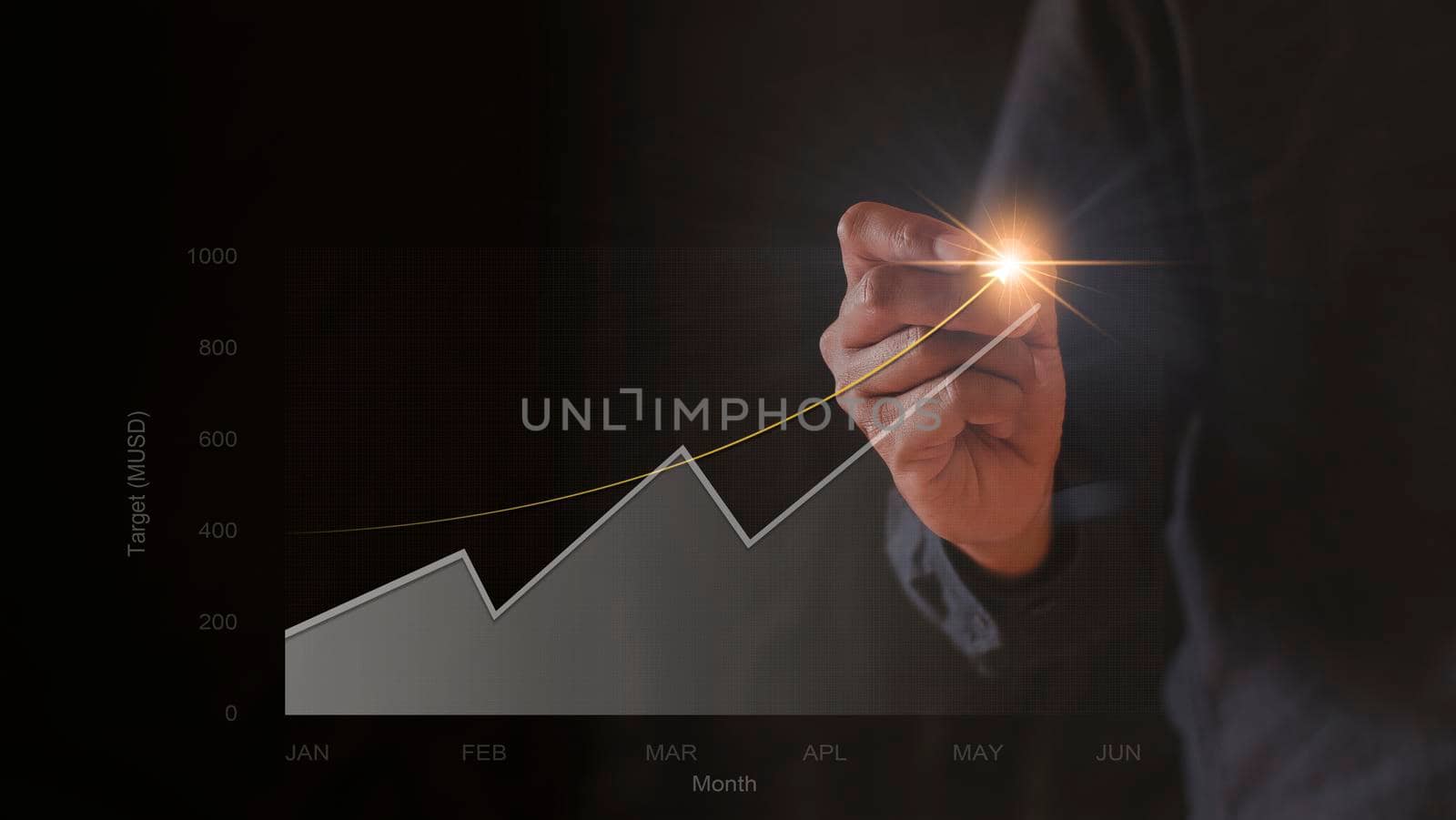 Businessman hand drawing chart graph stock of growth. Hand man uses pen to draw stock graph chart point of target success. Business concept.