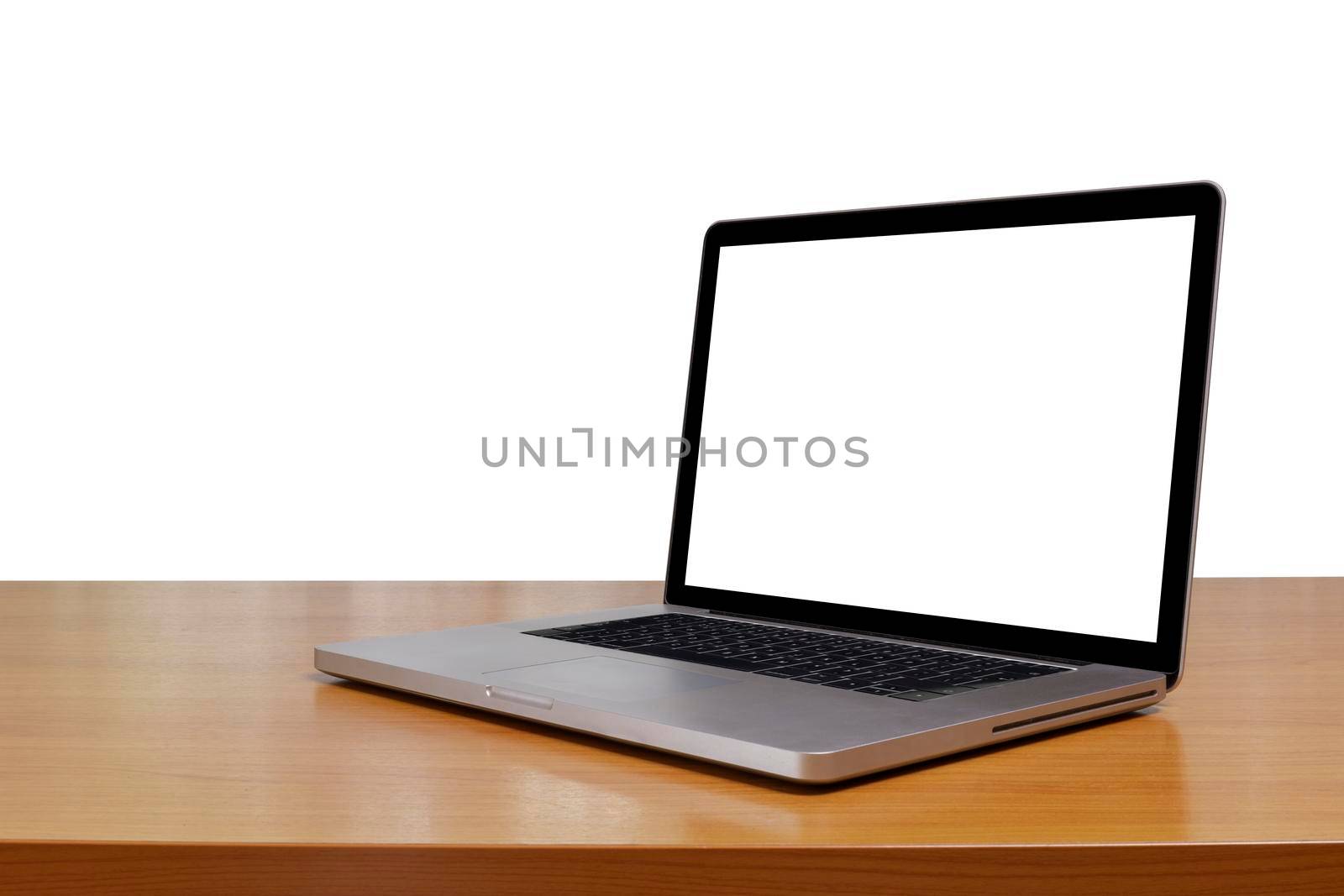 Laptop or notebook with blank white screen on wood table white background. Laptop with empty screen for text or design. by Satrinekarn