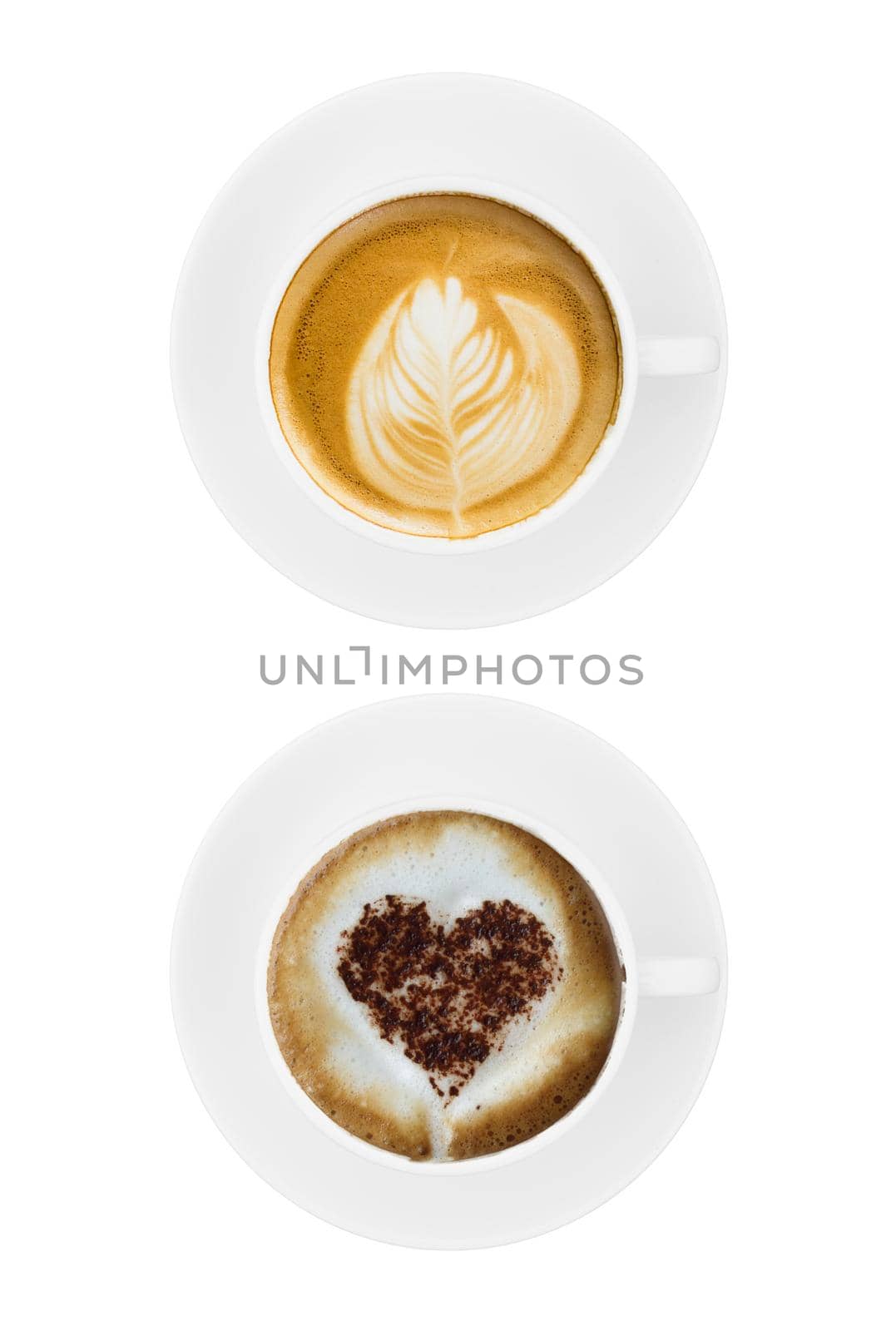 Top view coffee cup collection, coffee cup assortment with shape sign collection isolated on white background. Save with clipping path