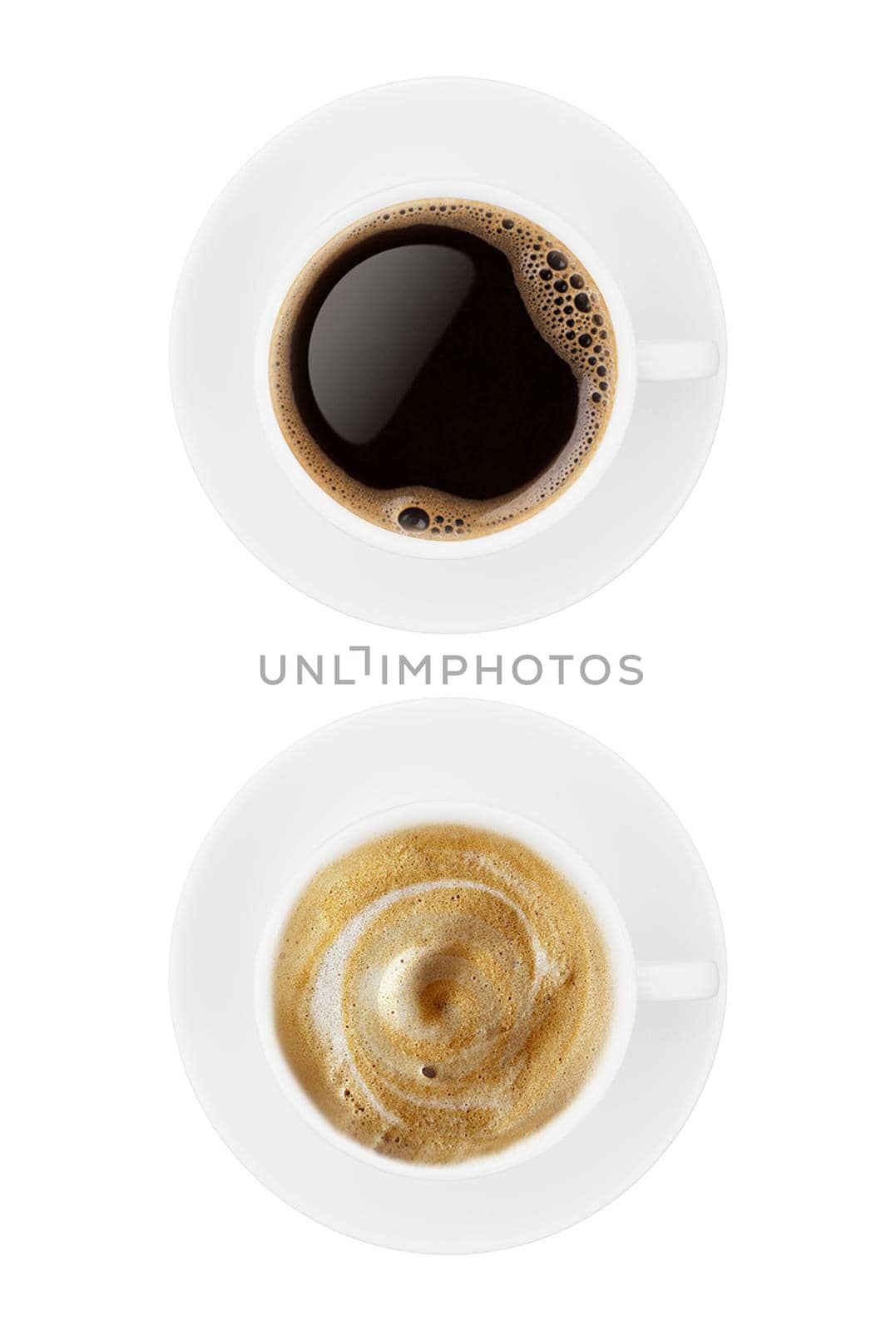 Top view coffee cup collection, coffee cup assortment with shape sign collection isolated on white background. Save with clipping path