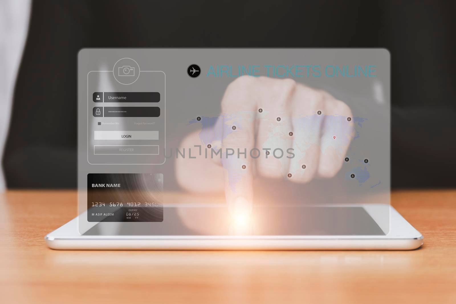 Man hands point tablet tablet with application searching air tickets on the screen. Airline tickets online booking application on tablet. 
