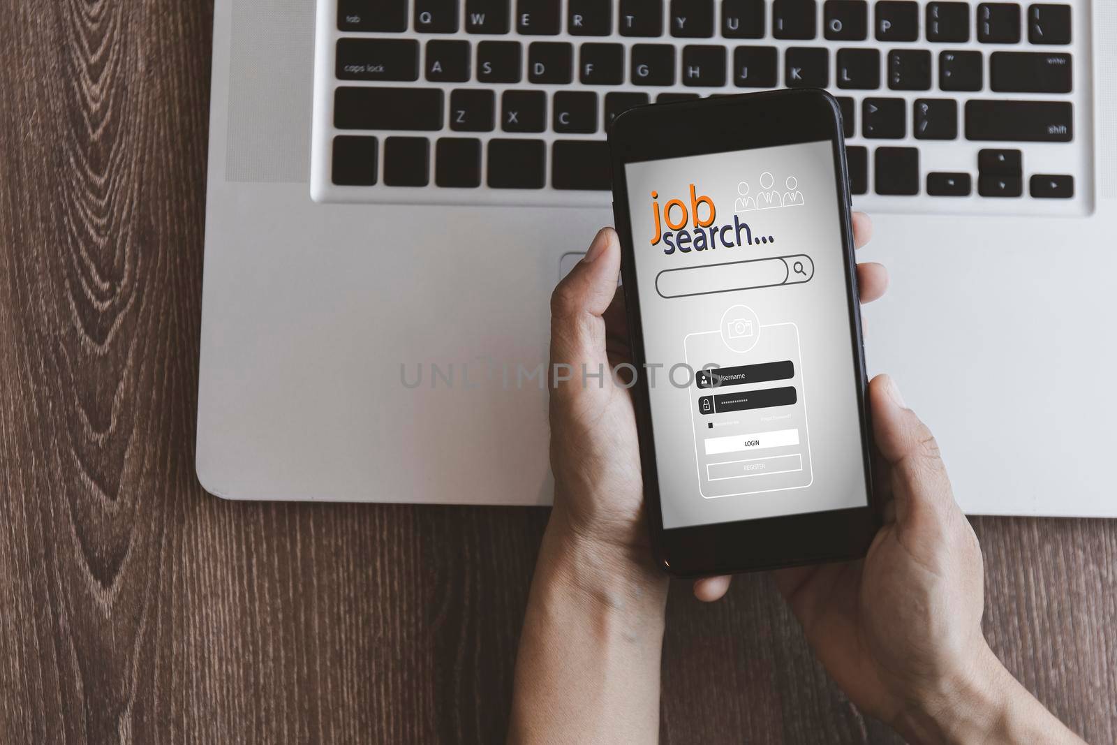 Top view hand of women use mobilephone online website find new career. Business and job concept. Women searching vacancies or position on the internet. Female unemployed search finding jobs from internet. with copy space