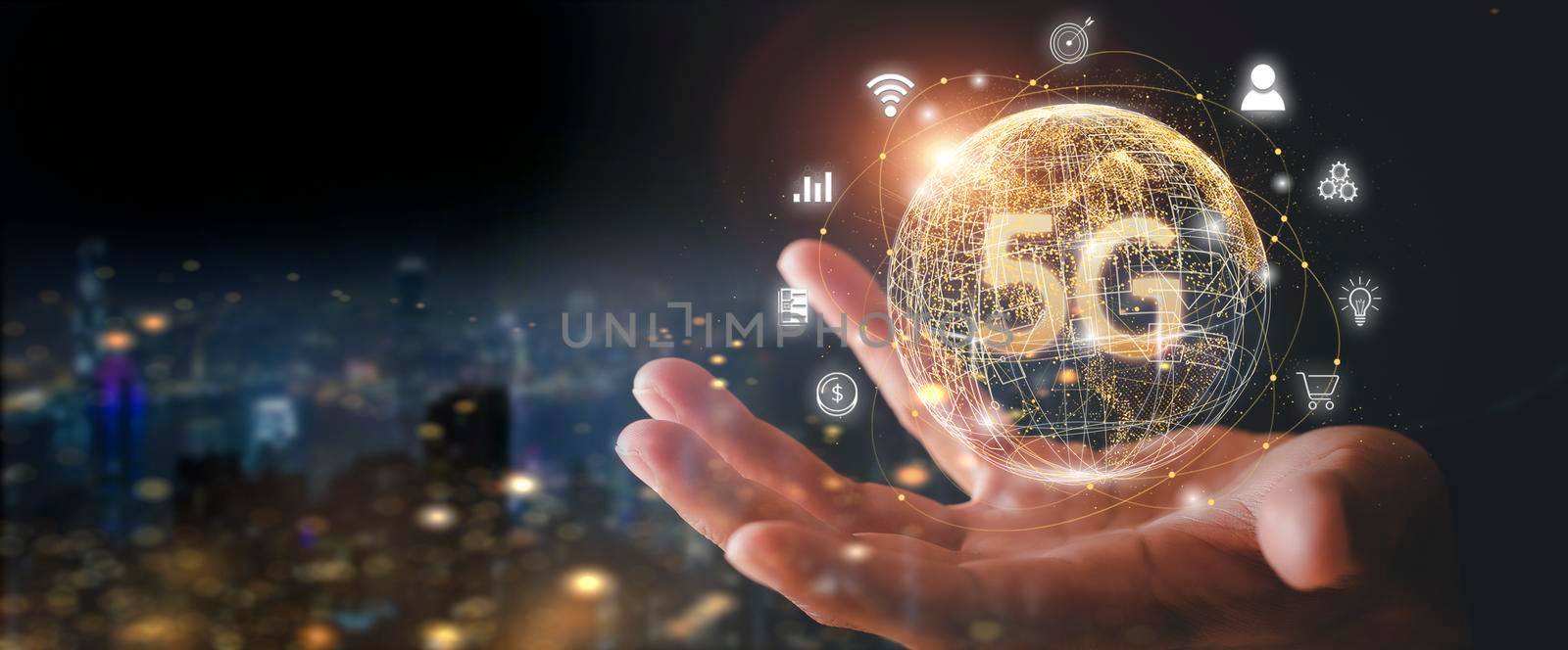 Hand business man show global network connection 5G. Global network connection 5G with icon concept Technology network wireless systems and internet of things, new technologies coming up in the future