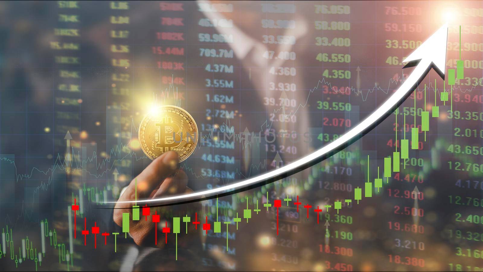 Hands of businessman with gold bitcoin coin. Volatile business graph on global network, Financial, Stock market, Cryptocurrency and investment. Stock market graph up. New Virtual money concept