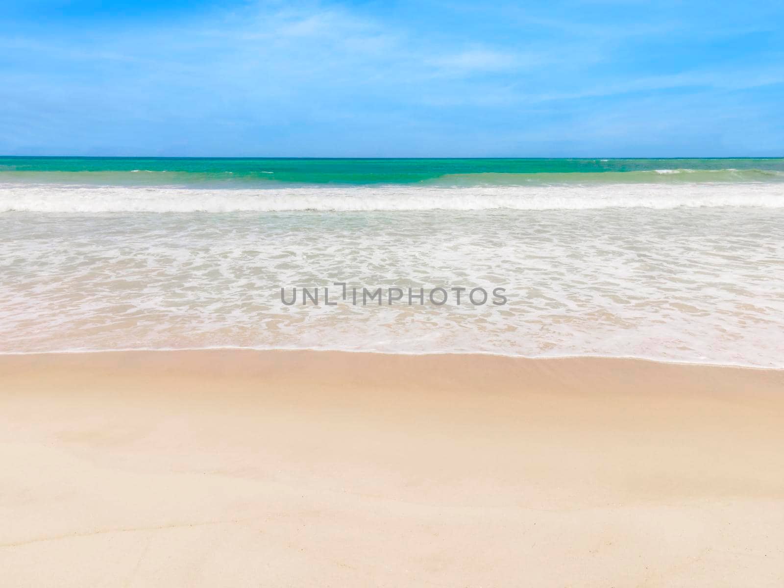 Beautiful tropical beach with blue sky abstract texture background. Copy space of summer vacation and holiday business travel concept. Vintage tone filter effect color style.