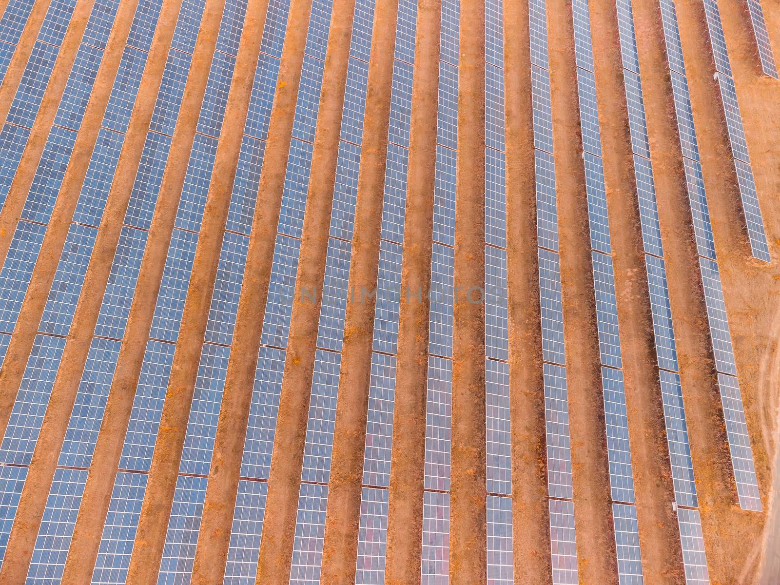 Aerial top view of a solar panels power plant. Photovoltaic solar panels at sunrise and sunset in countryside from above. Modern technology, climate care, earth saving, renewable energy concept