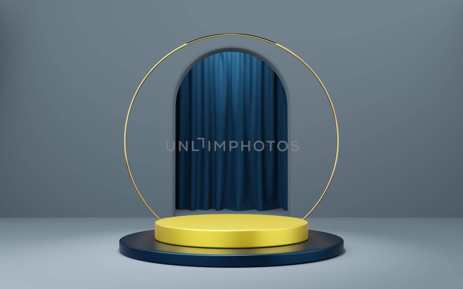 Empty yellow cylinder podium with gold border and blue curtain on gray arch background. Abstract minimal studio 3d geometric shape object. Mockup space for display of product design. 3d rendering.