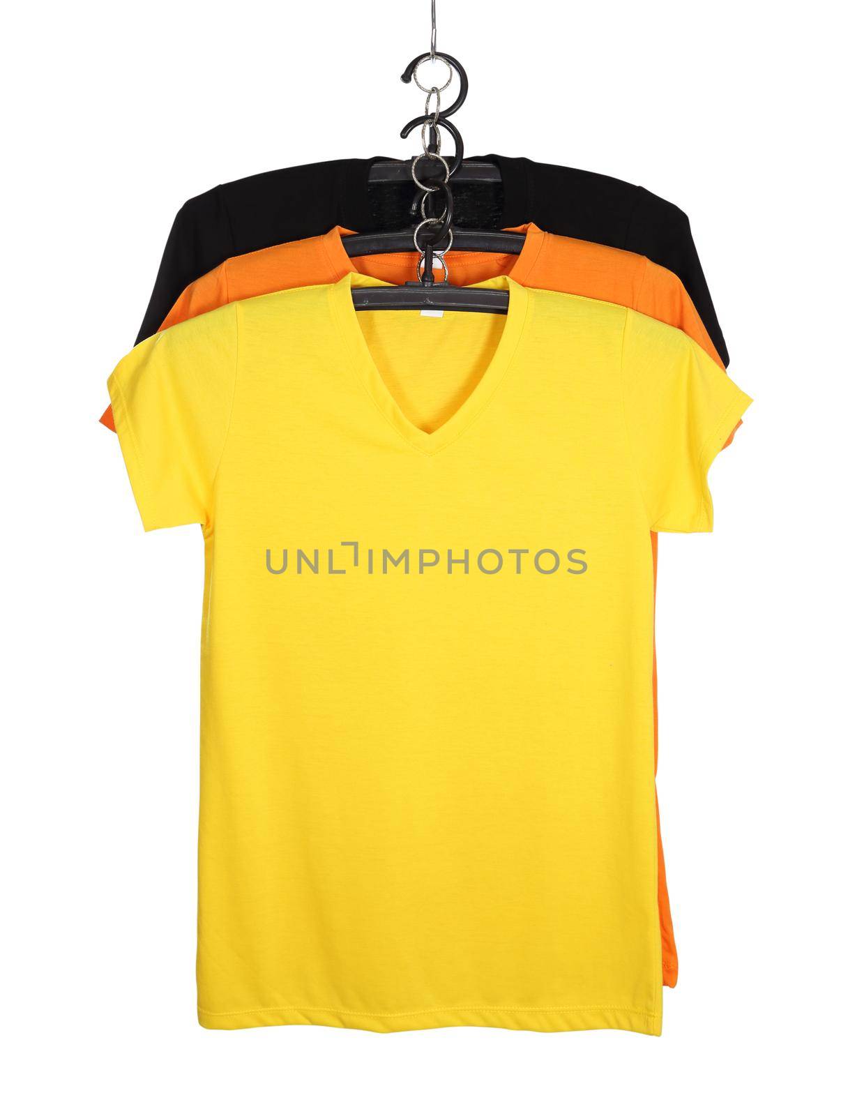 three t-shirt template on hange isolated on white background (with clipping path)