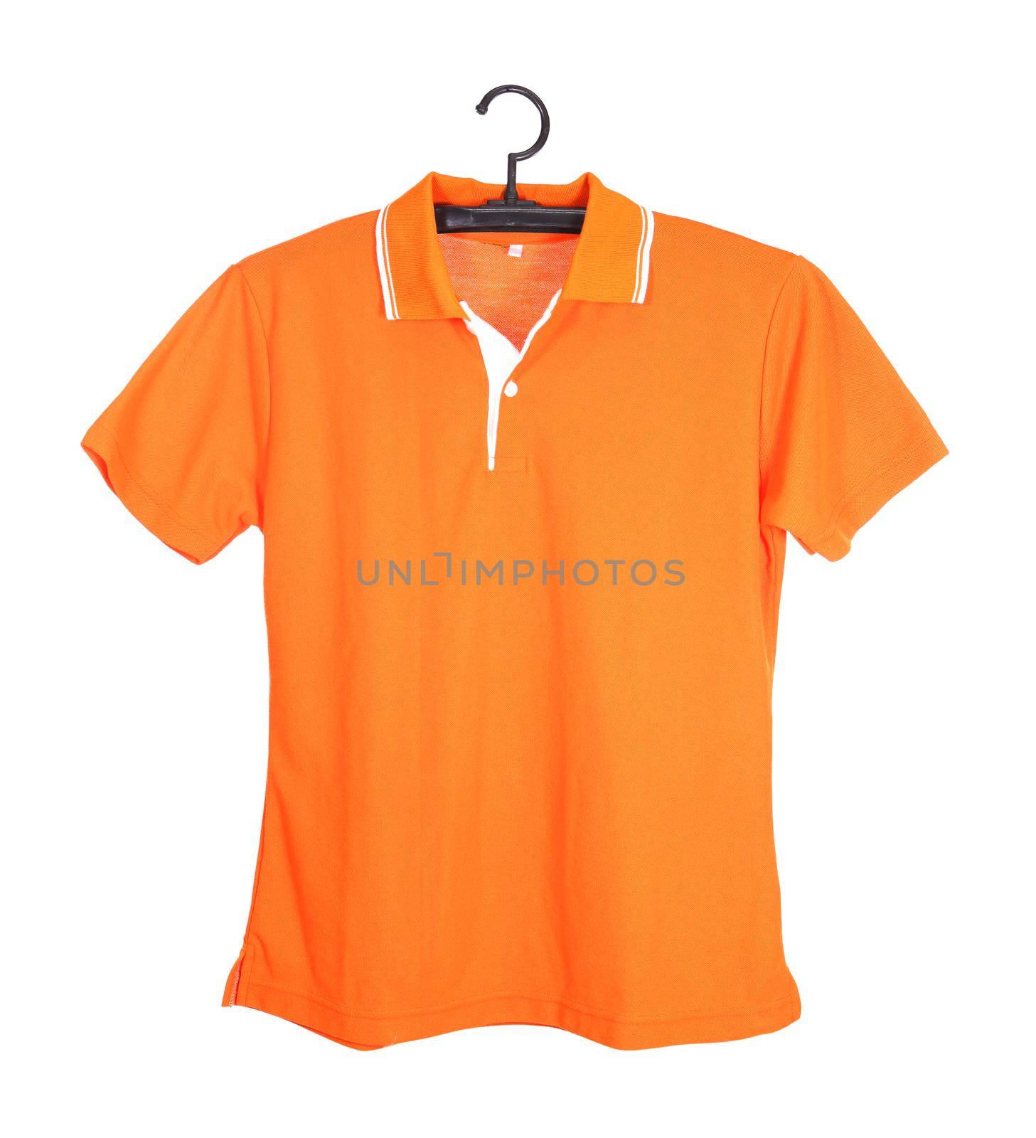 orange polo shirt template on hange (front side) isolated on white background