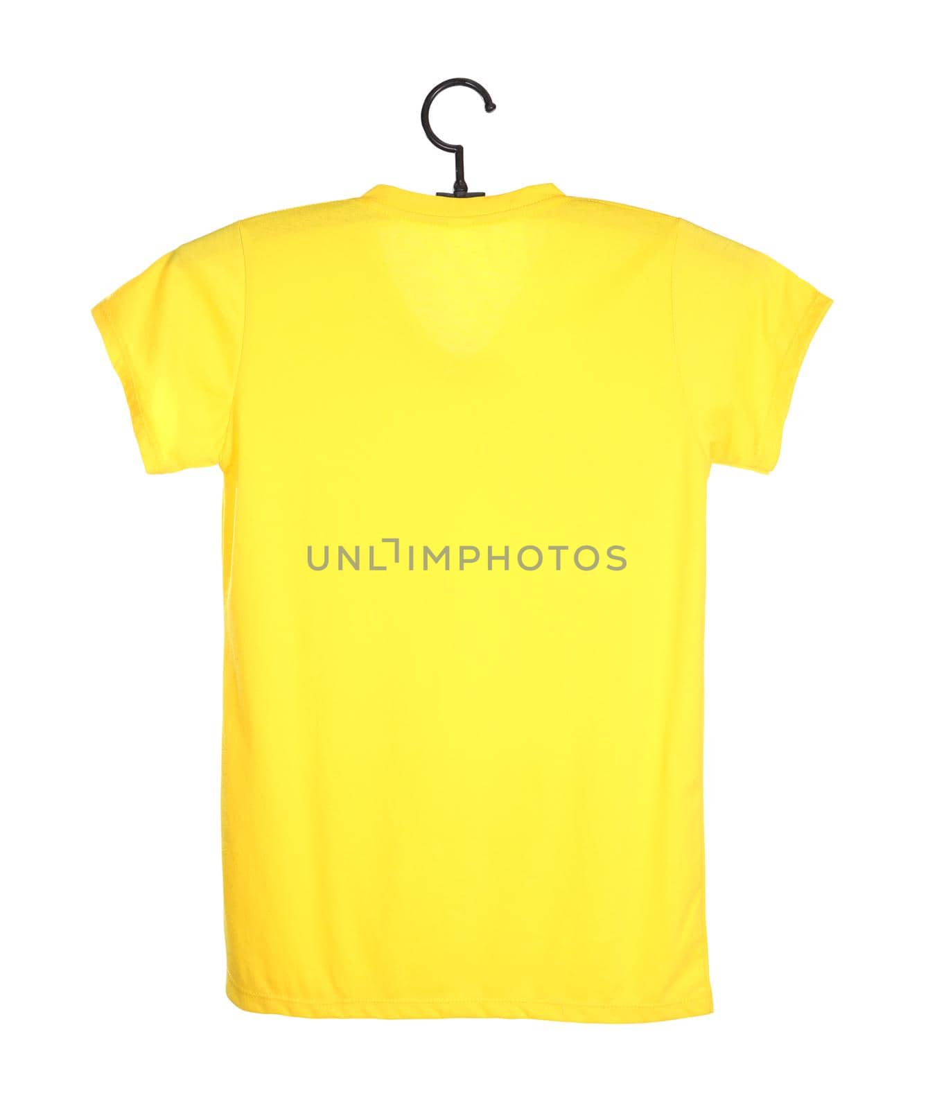 yellow t-shirt template on hanger (back side) isolated on white background (with clipping path)