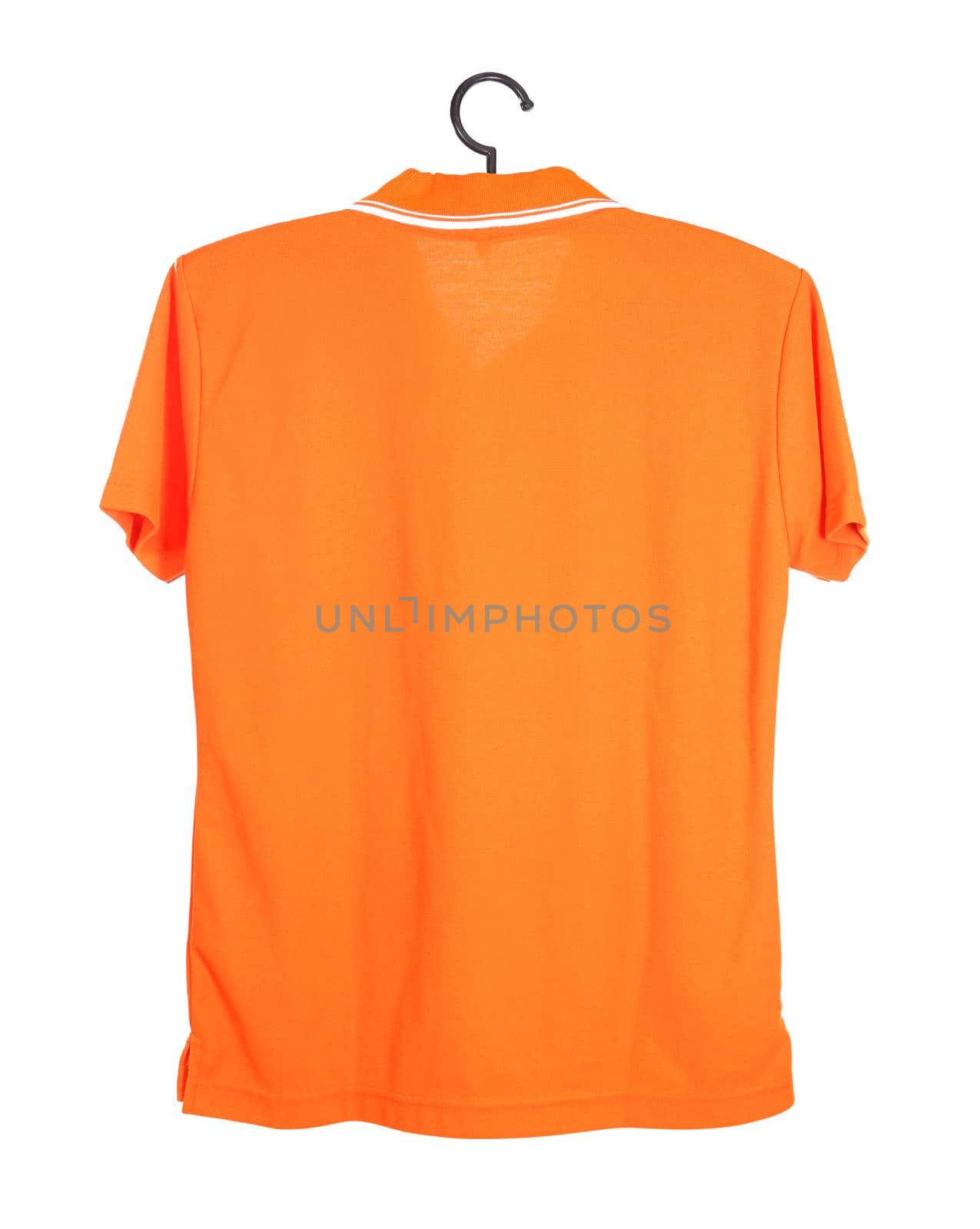 orange polo shirt template on hange (back side) isolated on white background