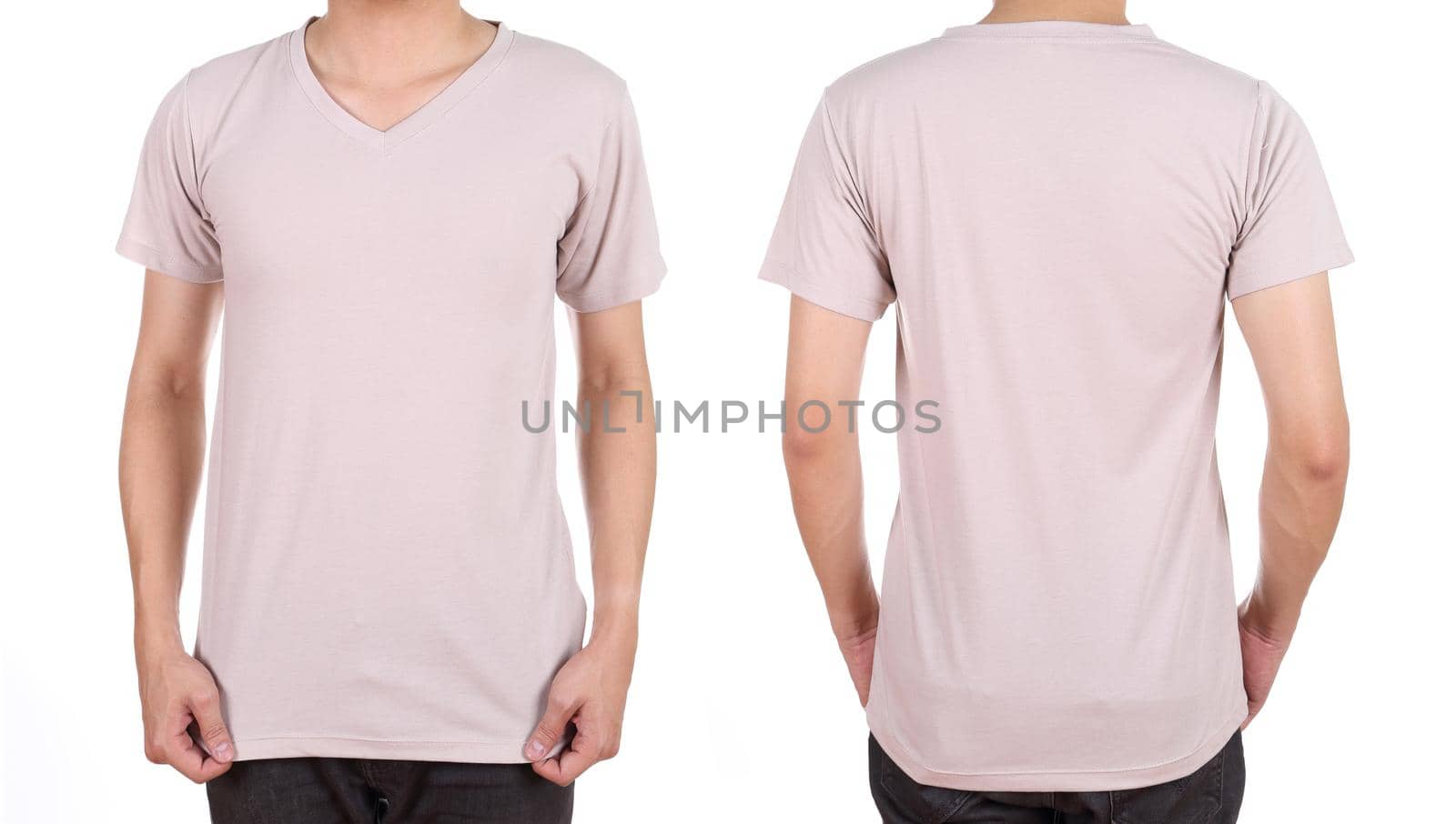 blank t-shirt set (front, back) on man isolated on white background