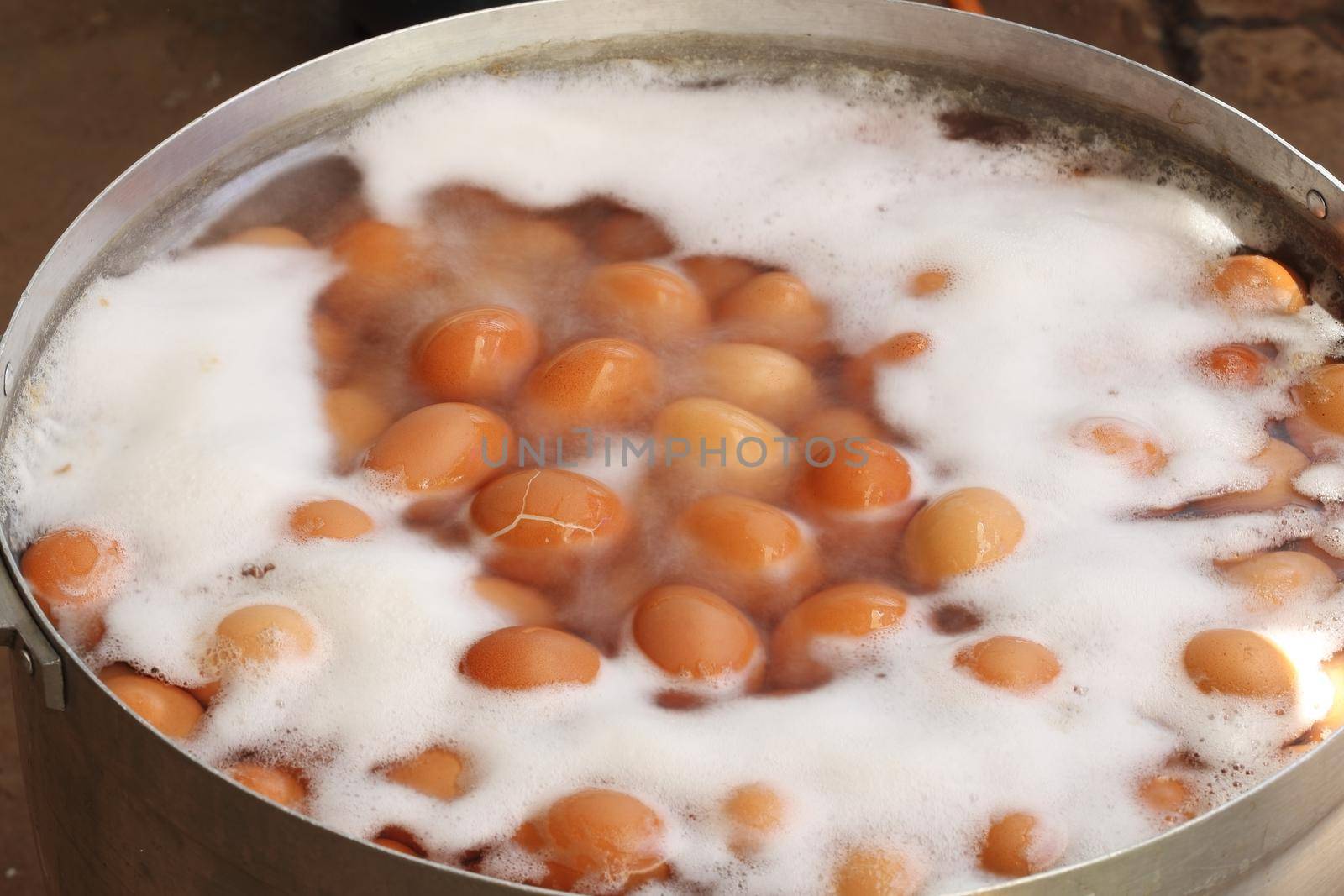 Eggs boiled with water in the big pot
