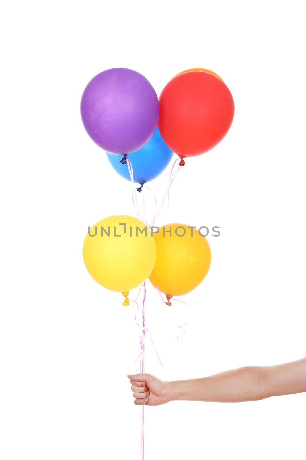 hand with colorful balloons isolated on a white background