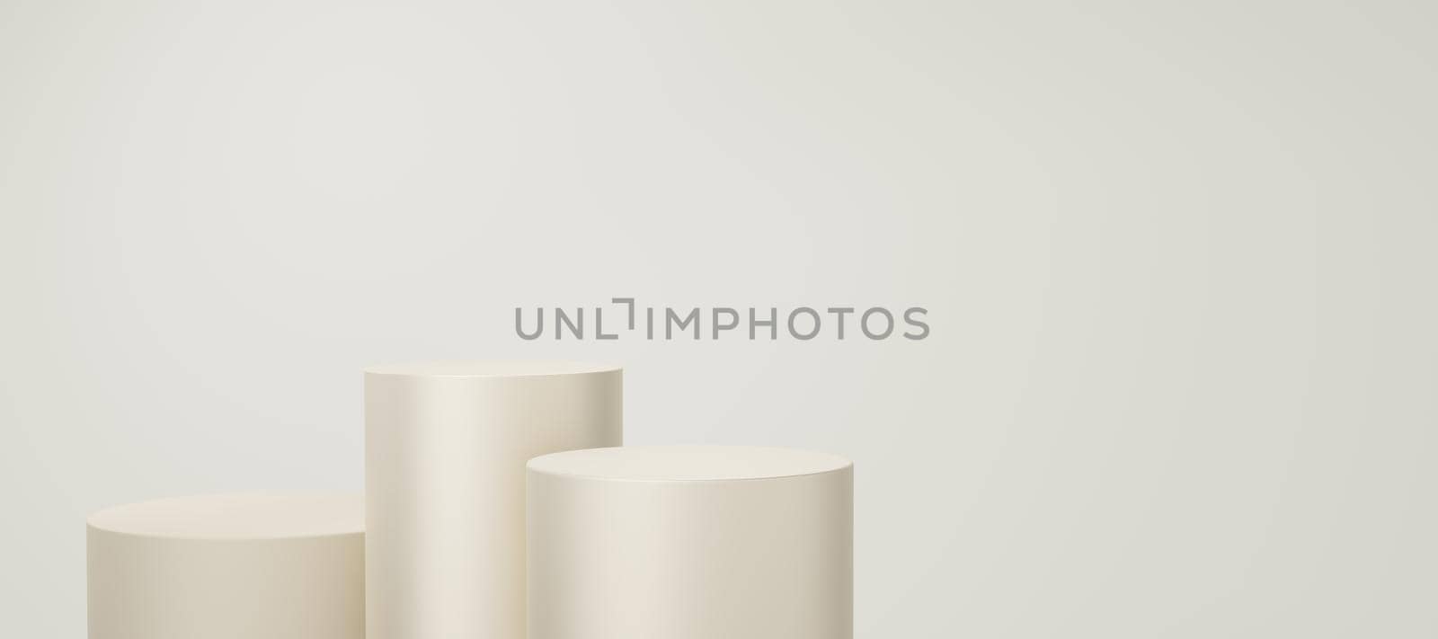 3 Empty yellow or cream cylinder podium floating on bone white copy space background. Abstract minimal studio 3d geometric shape object. Pedestal mockup space for display of product design. 3d render.