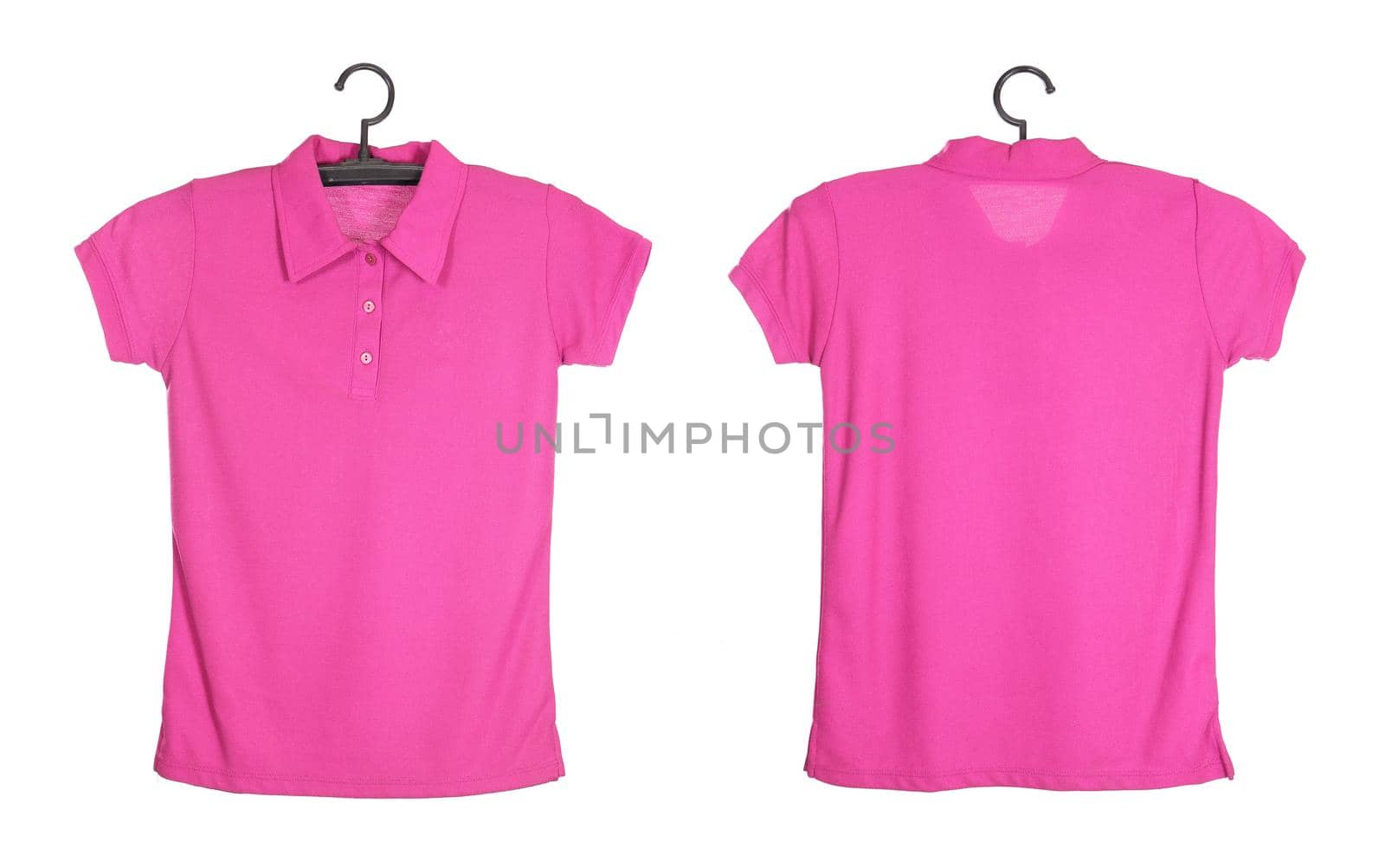 pink polo shirt template on hange isolated on white background