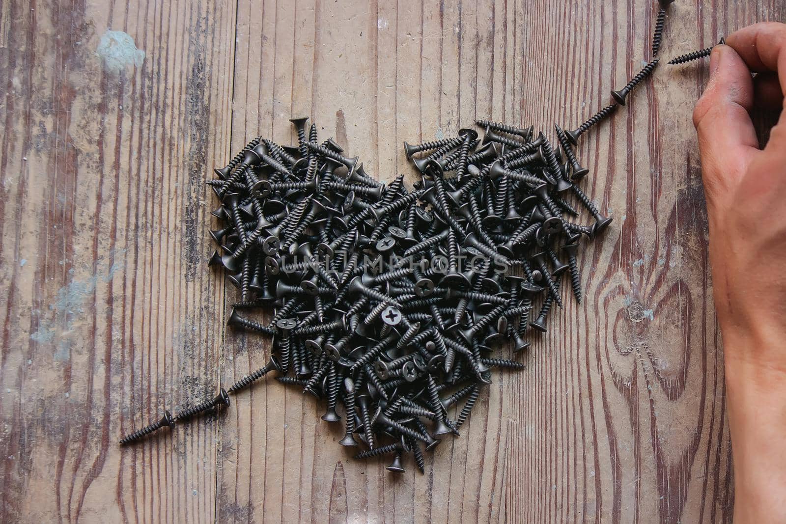 self-tapping screws on a wooden background, a selection of different self-tapping screws for different wall materials and surfaces. Selective focus