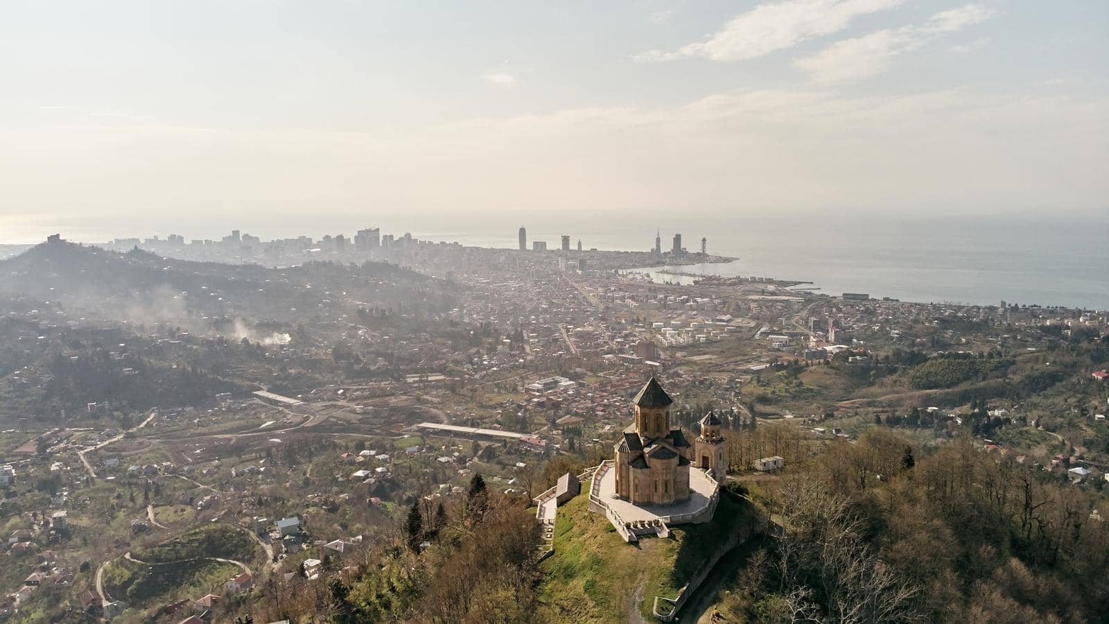 Aerial view of the Holy Trinity Church in Batumi. Drone photo