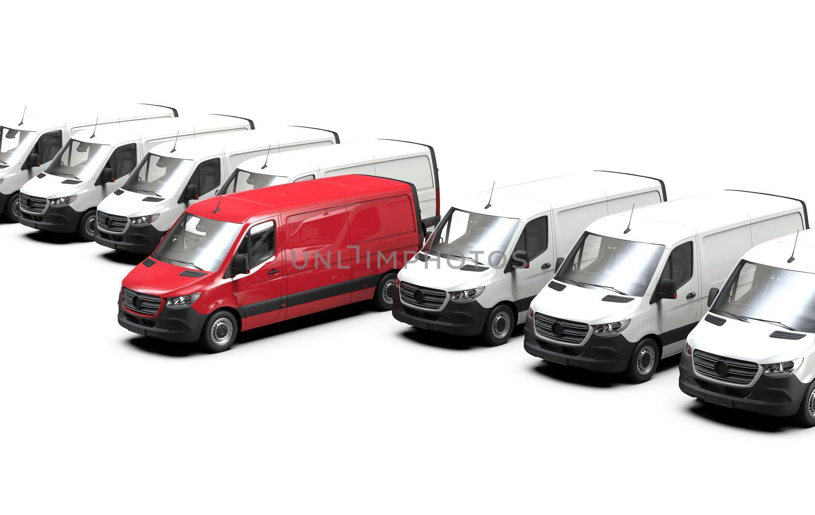 Red commercial van and fleet of white trucks: 3D illustration