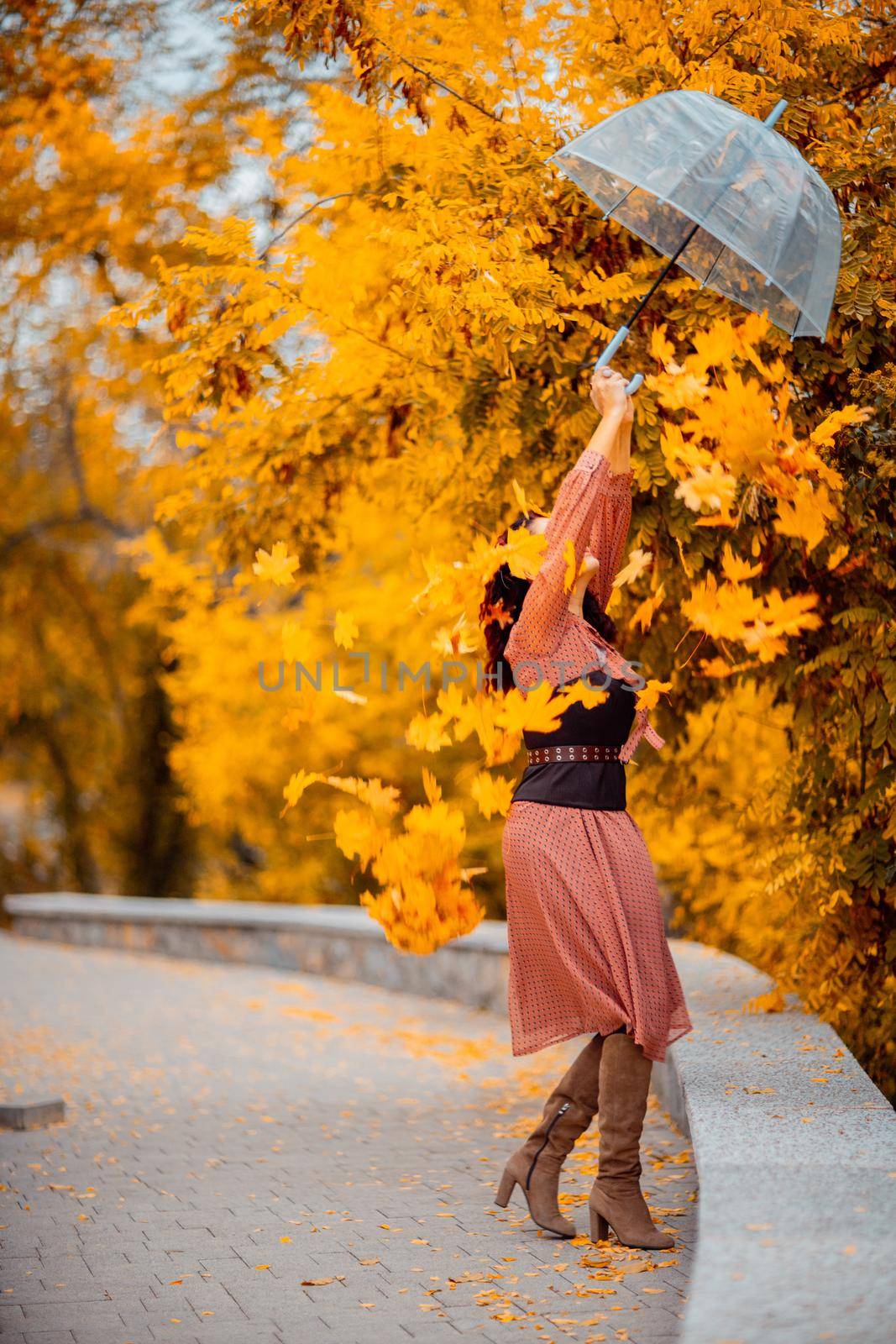 Beautiful girl in a dress with an umbrella in the autumn park. She holds him over her head, autumn leaves are falling out of him.