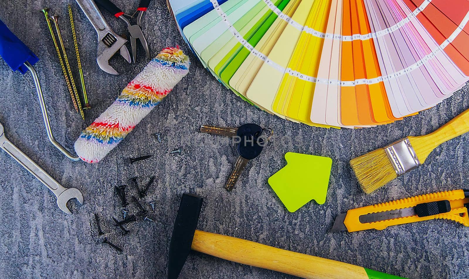 home improvement concept - construction tools and items. selective focus.