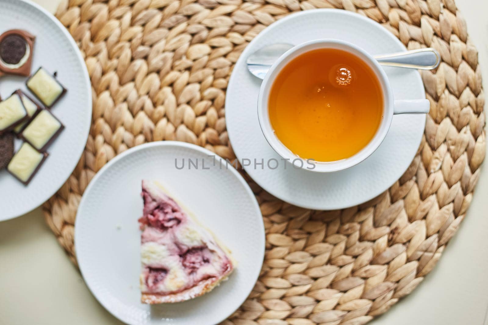A slice of strawberry pie and a cup of tea by driver-s