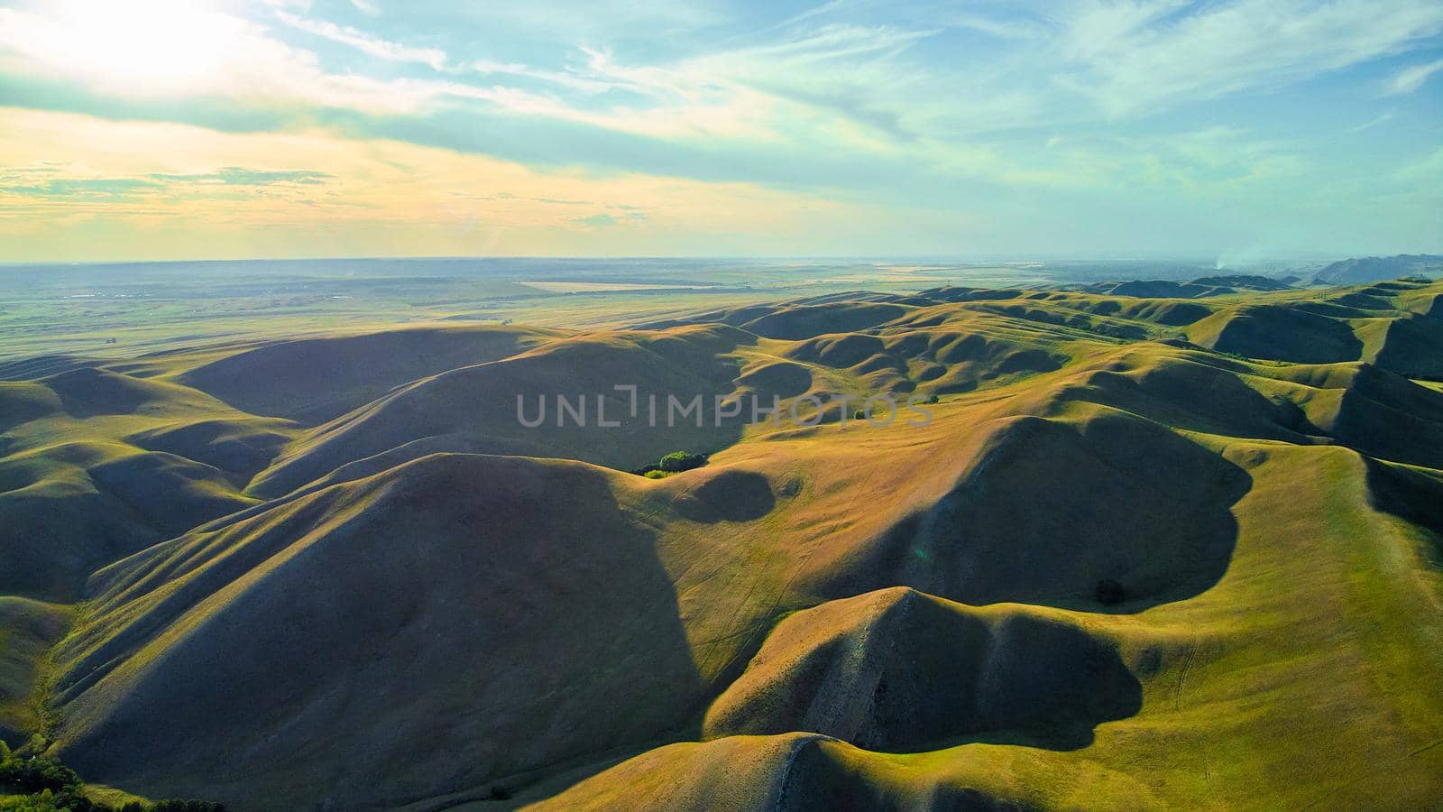 Aerial View of the Long Mountains Ridge. The beginning of the Ural mountains. Orenburg region. High quality photo