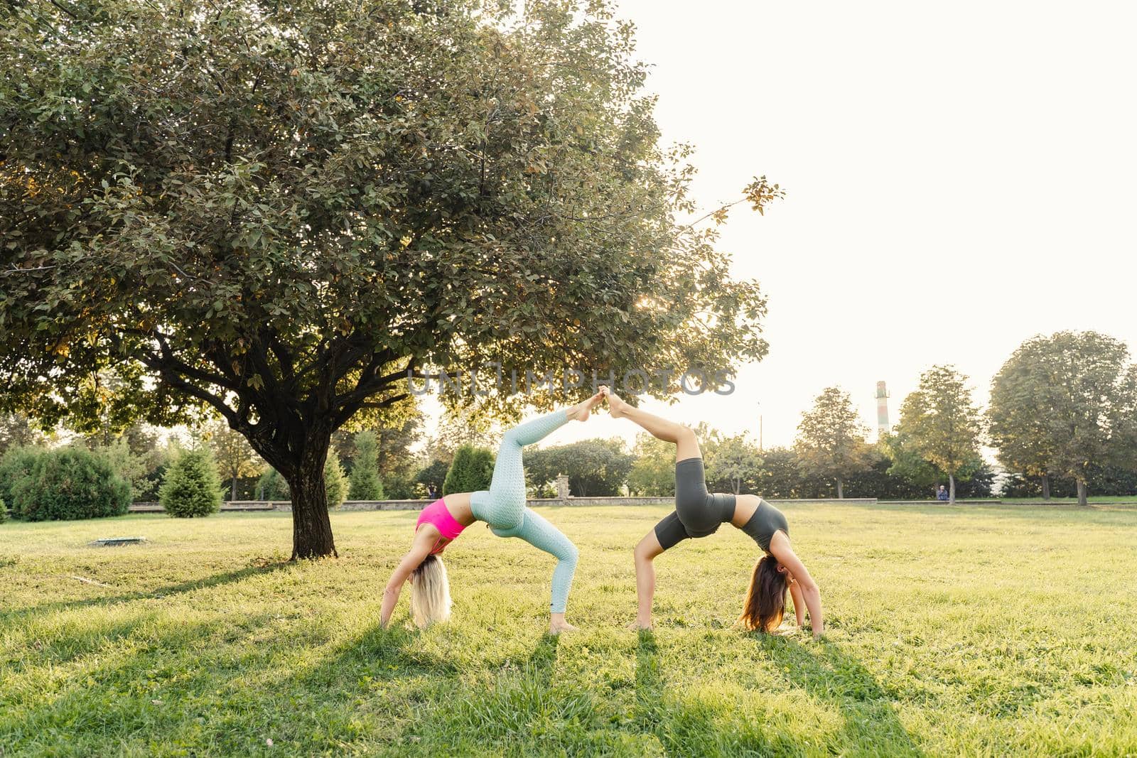 Yoga and gymnastics sport training of 2 girl outside in the park at sunset. Sport lifestyle