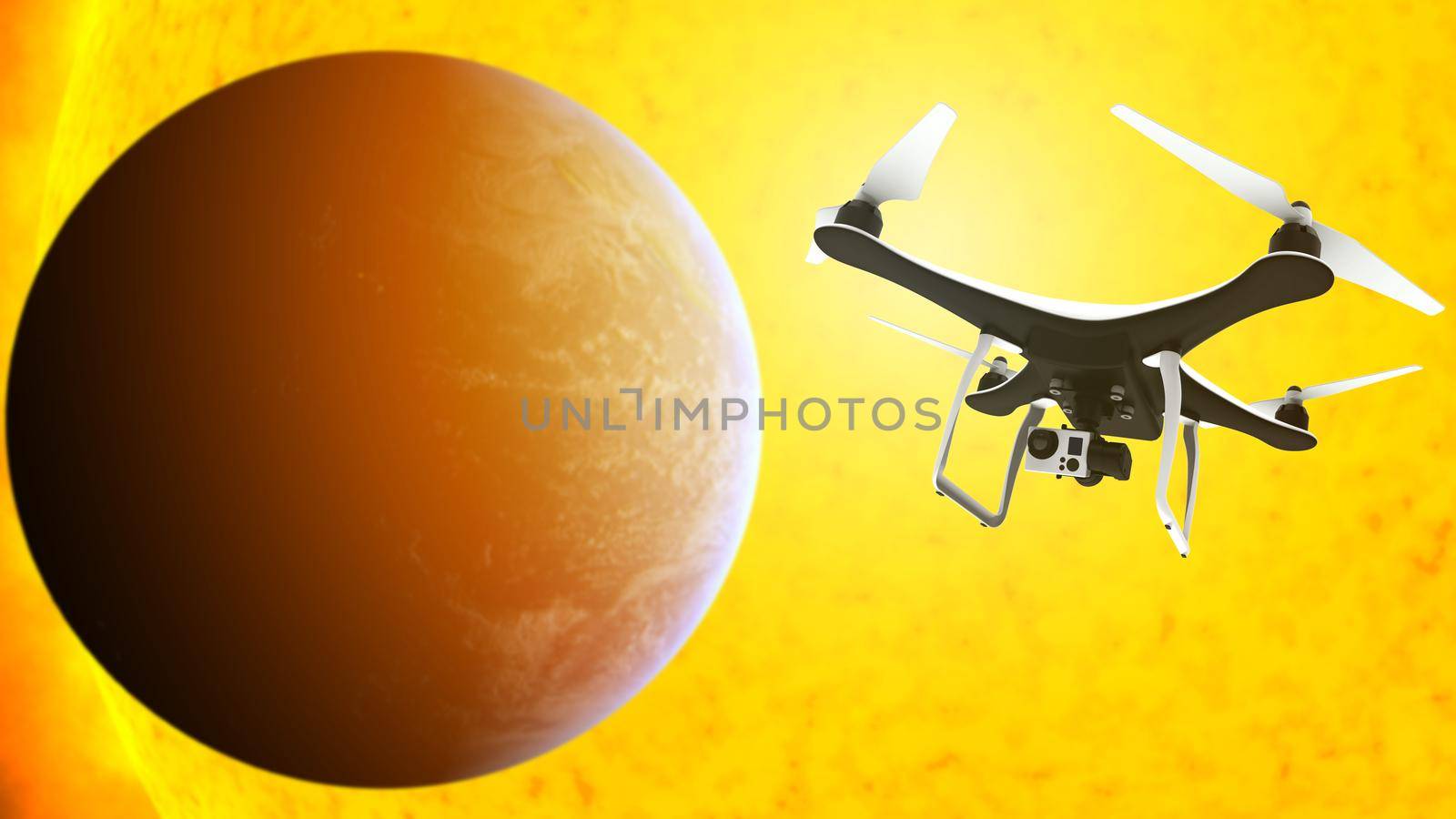 Drone with digital camera flying in front of the sun by cla78