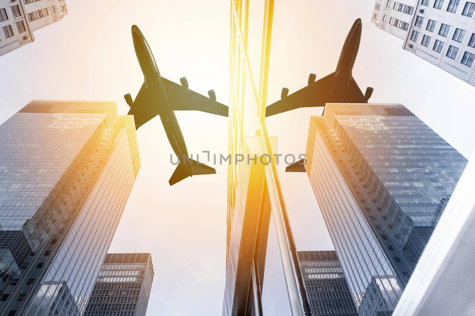 Airplane flying over skyscrapers by cla78