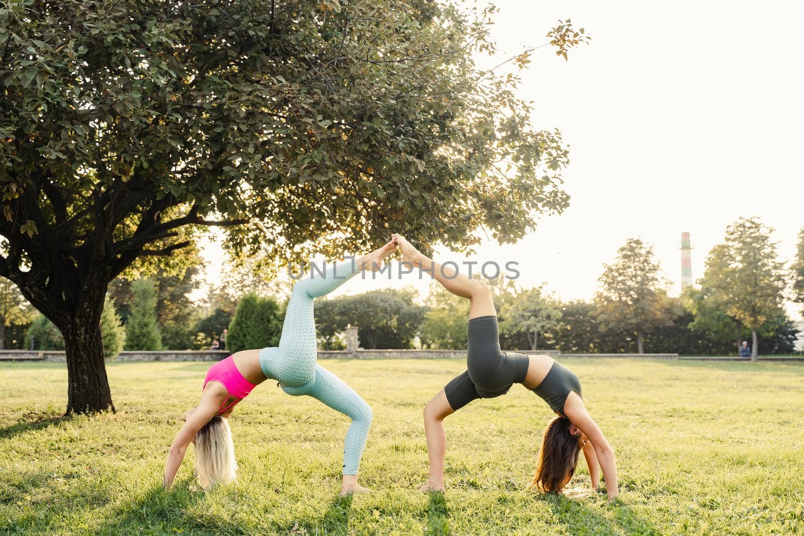 Yoga and gymnastics sport training of 2 girl outside in the park at sunset. Sport lifestyle. by Rabizo