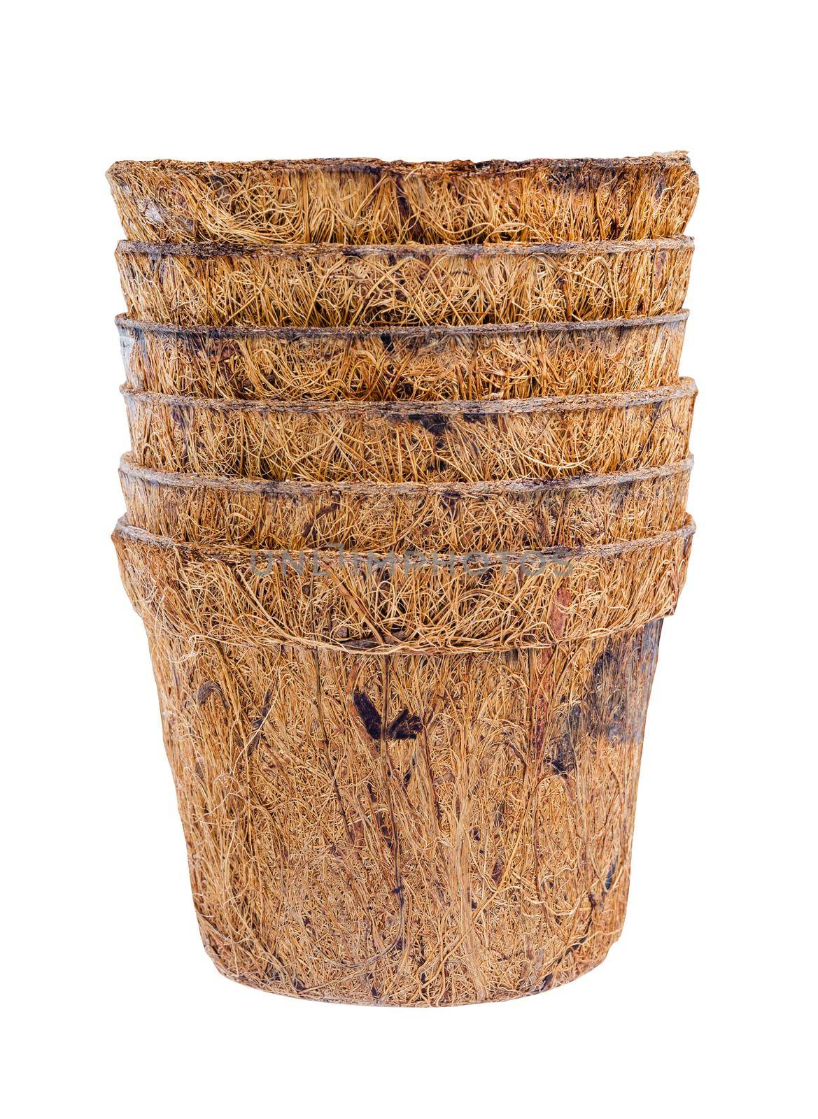 Plant pot, Coconut fiber plant isolated on a white background clipping path. Reduce global warming. Organic.