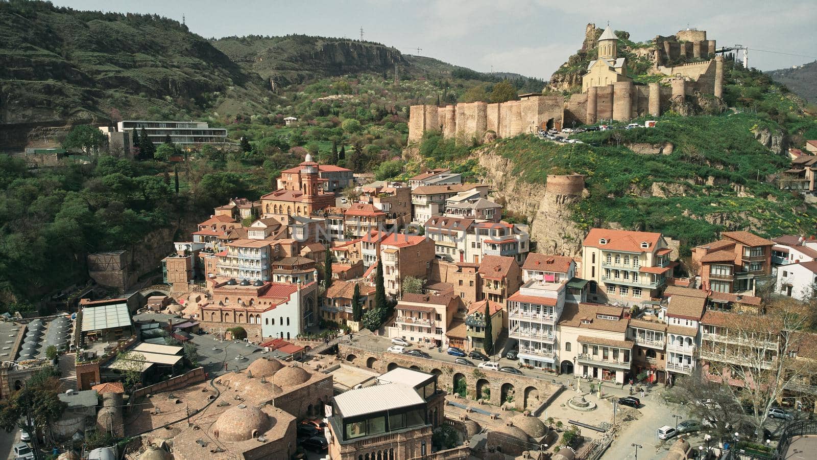 Aerial view of the Narikala fortress and the Church of St. Nicholas. District of Old Tbilisi. High quality photo