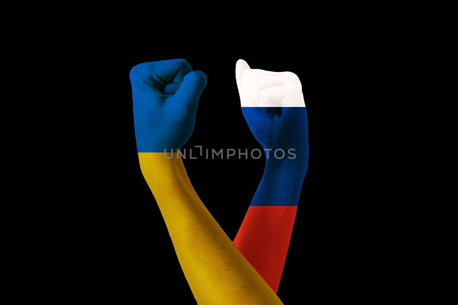 Raised hands flags of Ukraine and russia. Stop war. Putin invasion