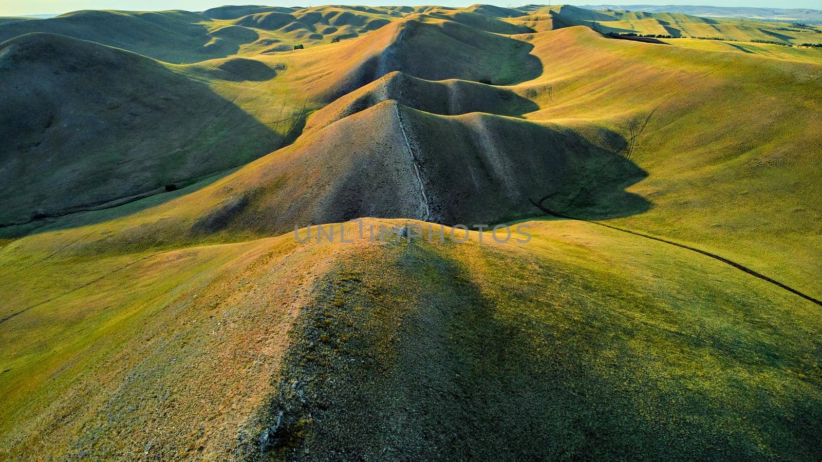 Aerial View of the Long Mountains Ridge. The beginning of the Ural mountains. Orenburg region. High quality photo