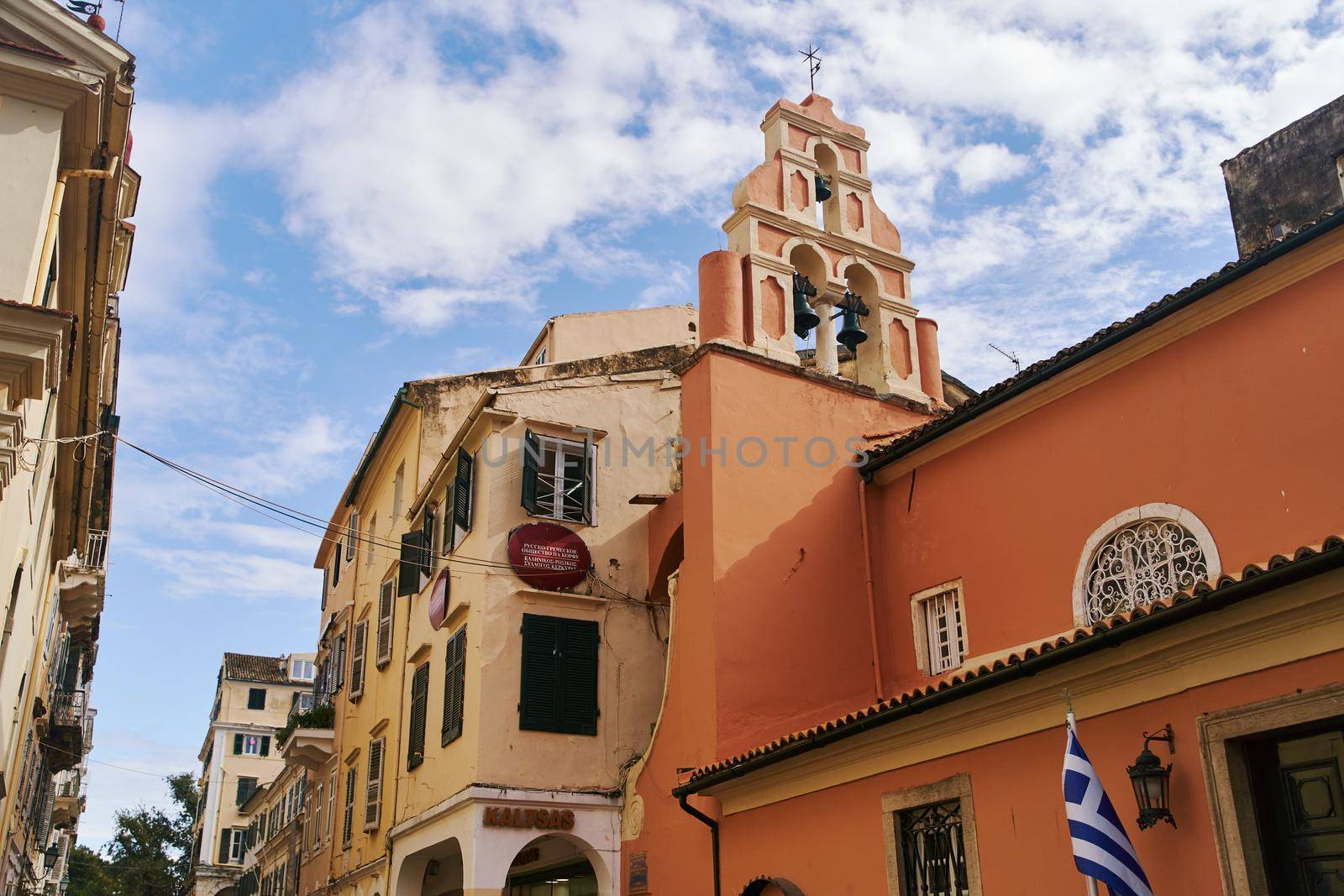 Corfu, Greece - 10.07.2021: View of the narrow streets of the historic Old Town of Corfu. High quality photo